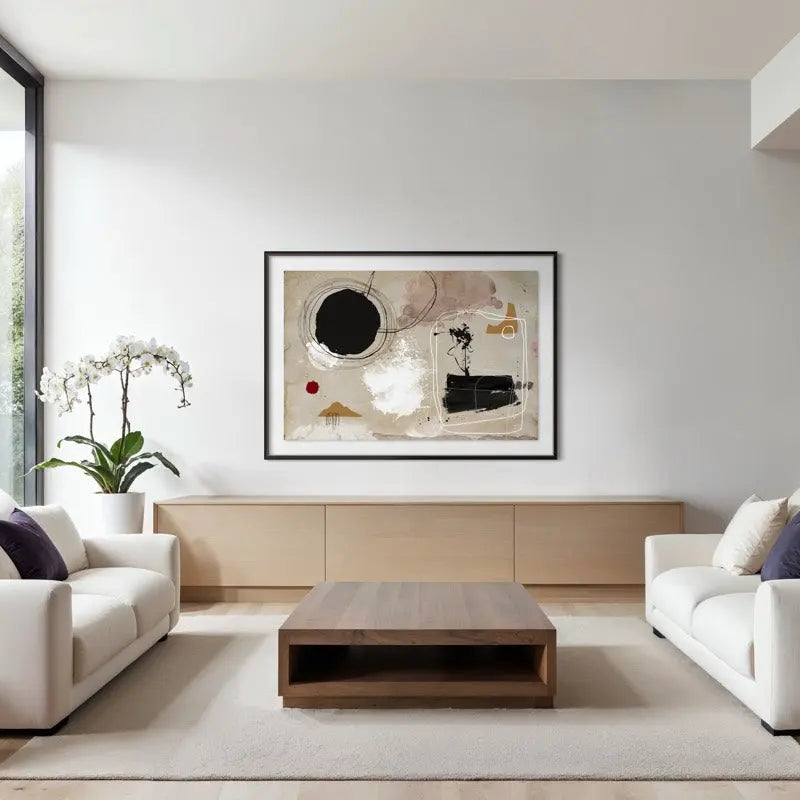 elegant living room with an abstract art piece printed on archival paper and framed in black wood moulding by Alejandro Franseschini for the Picturalist