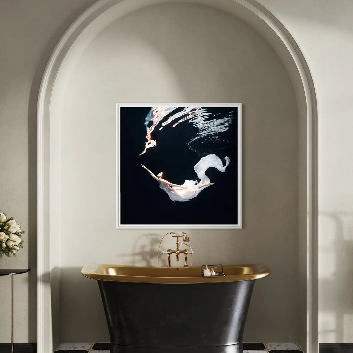Framed fine art print styled in a bathroom and powder room setting by The Picturalist