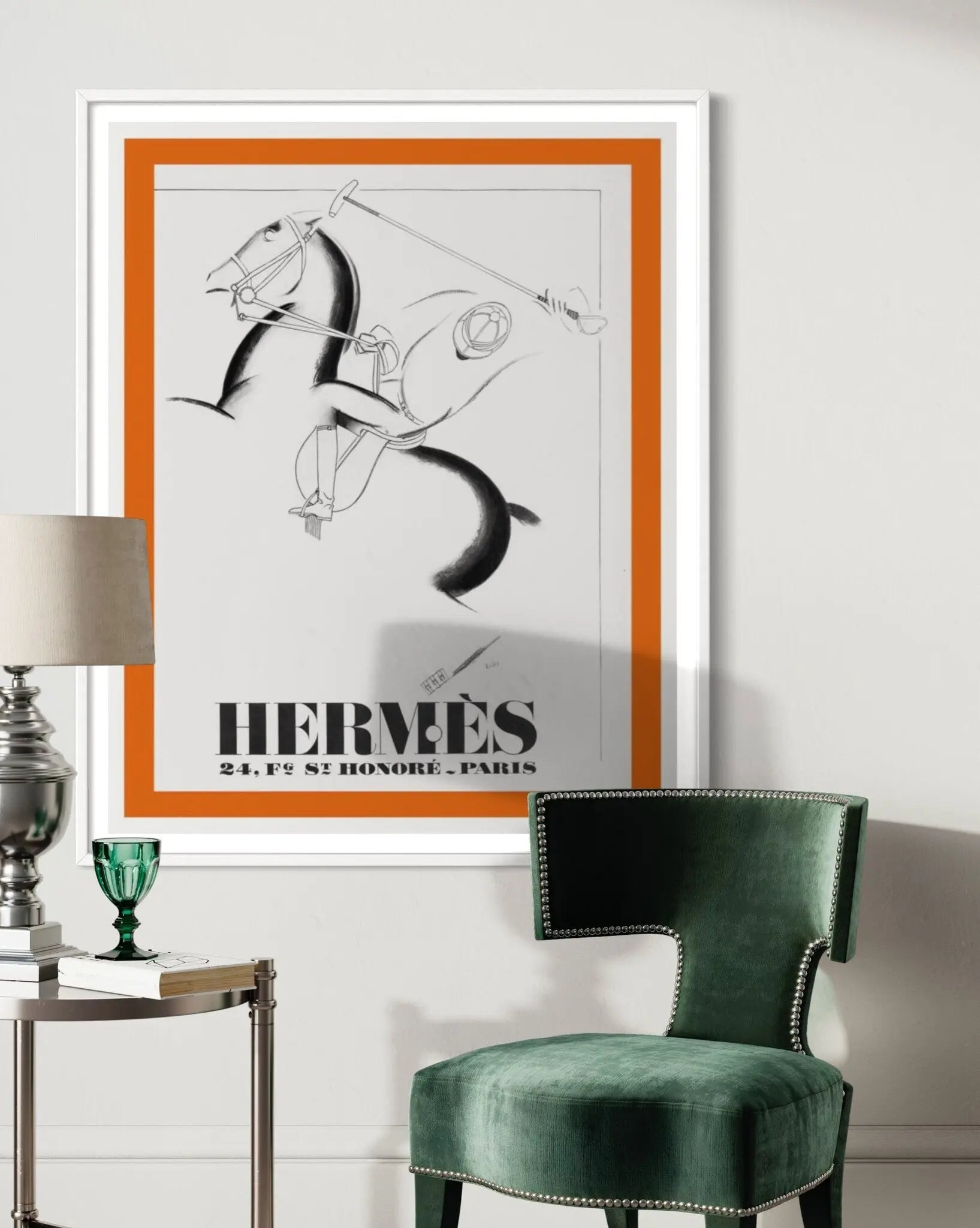 Vintage Hermes Poster 1932 Leather Brand styled in a contemporary interior setting