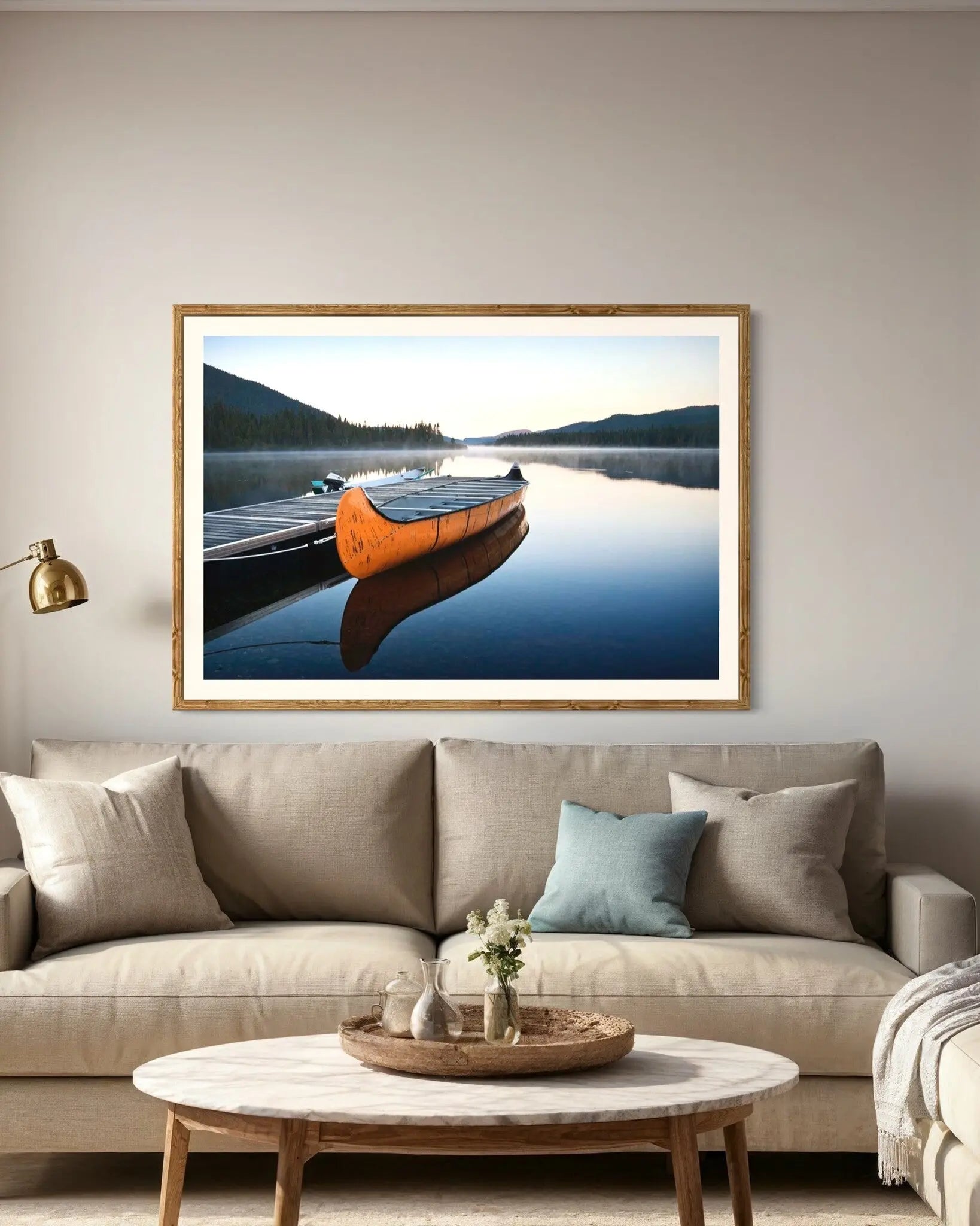 Tranquil Morning at Lake Cascapedia, Quebec presented in a curated interior design