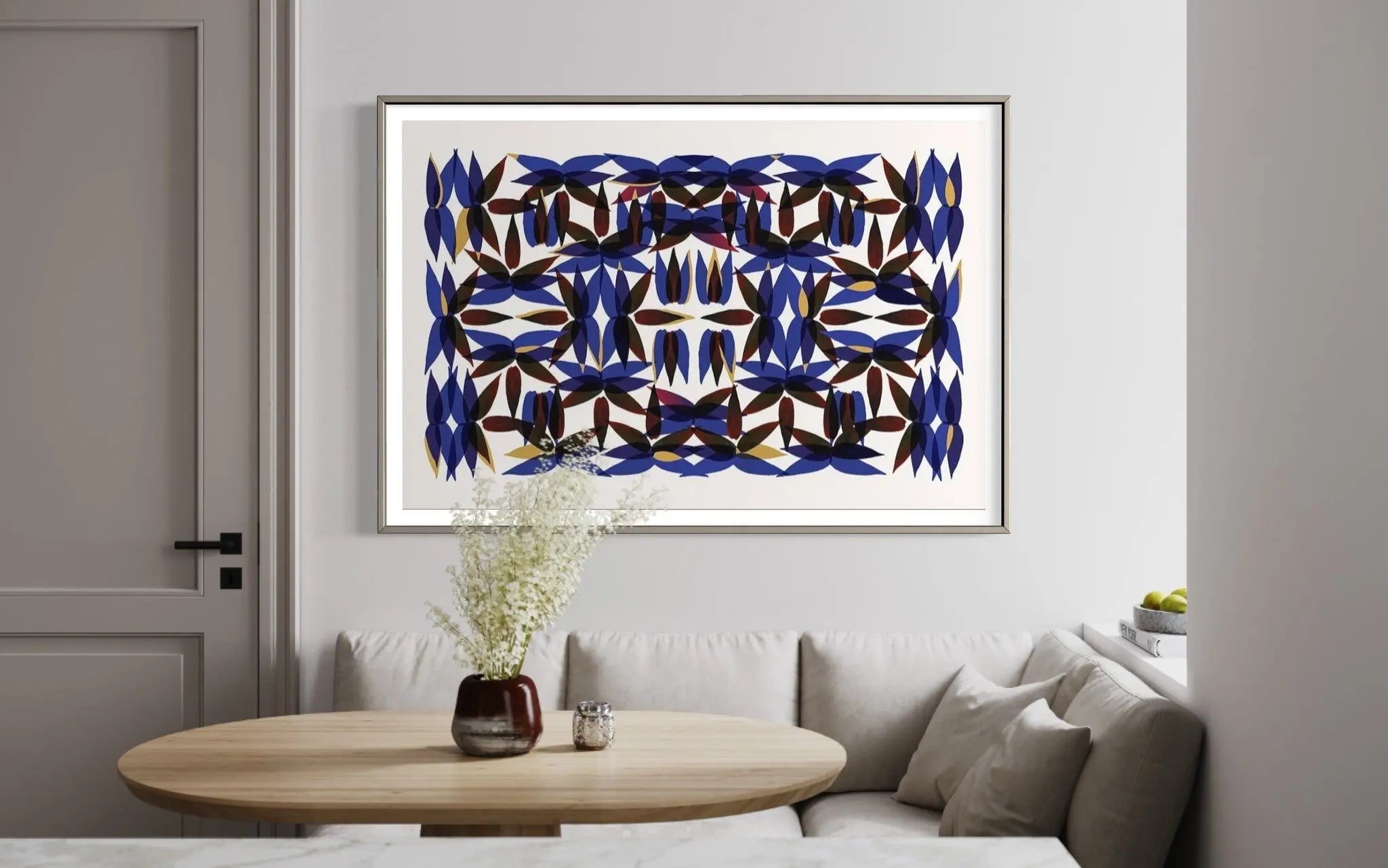 Kaleidoscope View In Blue displayed in a modern living room interior