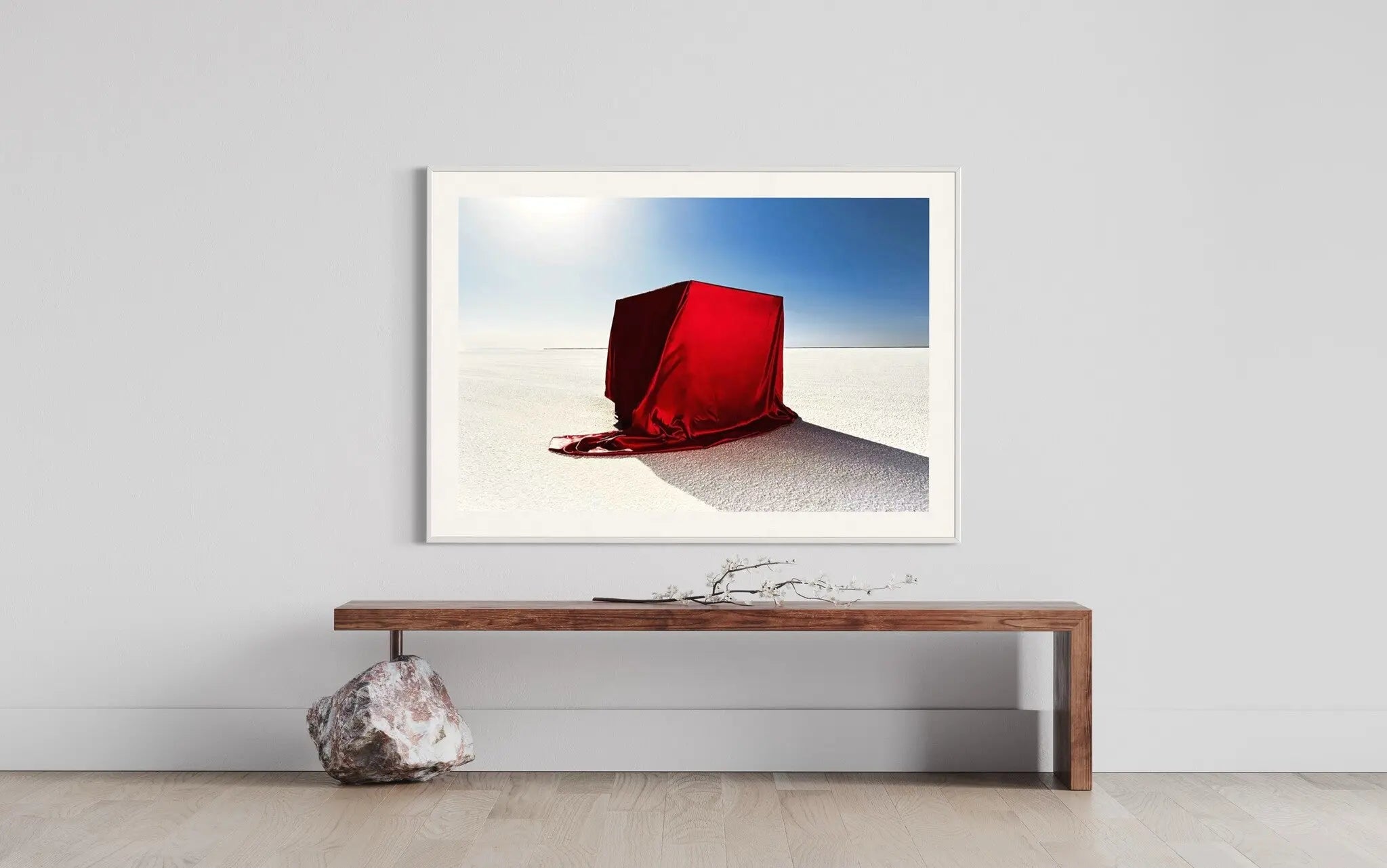 Red Fabric Box on Salt Flats by Andy Ryan showcased in a designer room setting