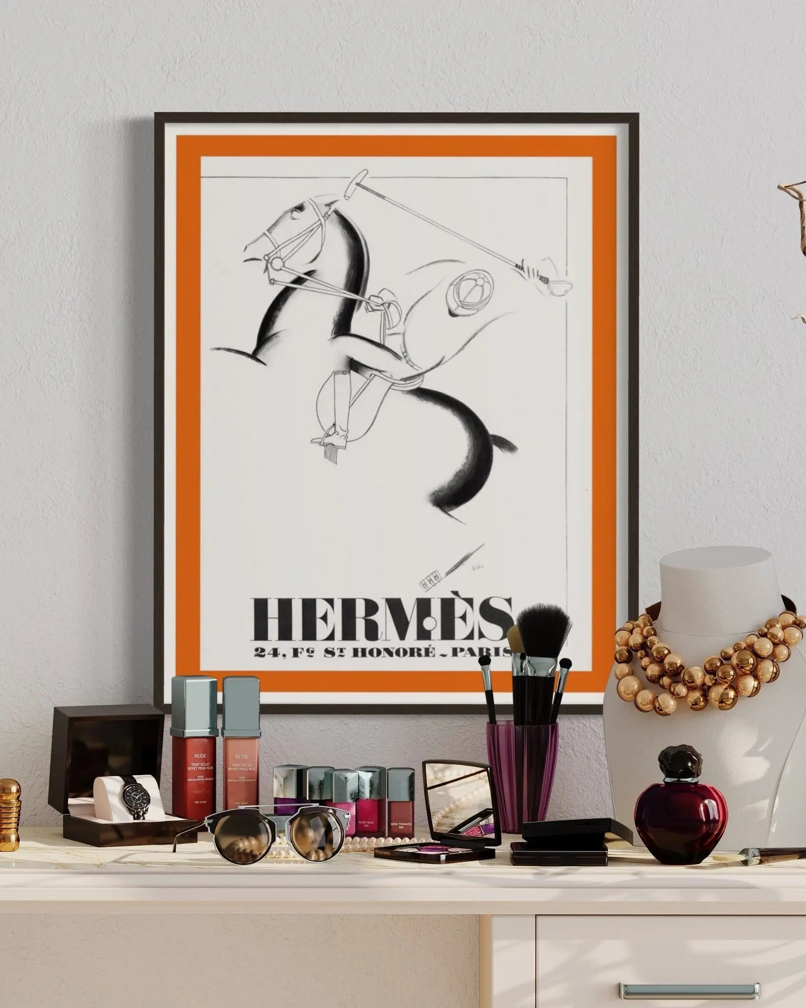 Vintage Hermes Poster 1932 Leather Brand featured in an elegant interior space