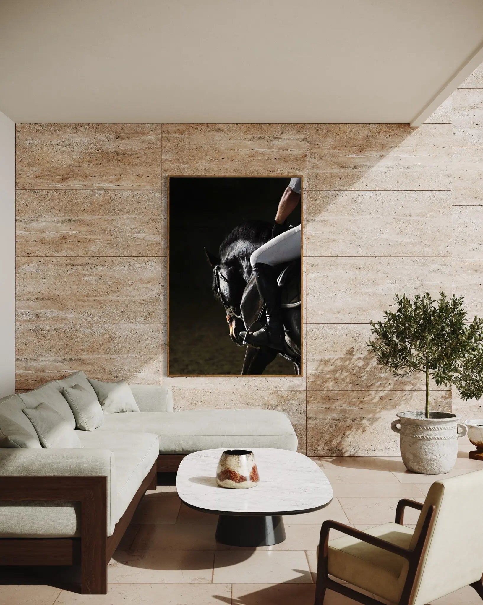 Elegant Horse in Training shown in a minimalist home decor setting