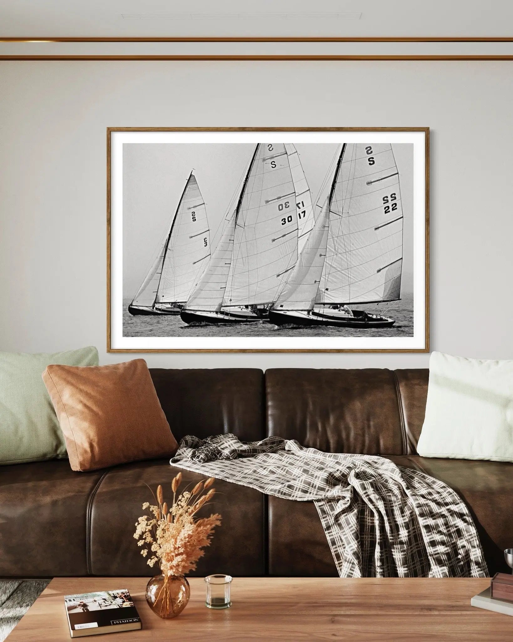 S-Boats in Line by Kevin Dailey displayed in a modern living room interior