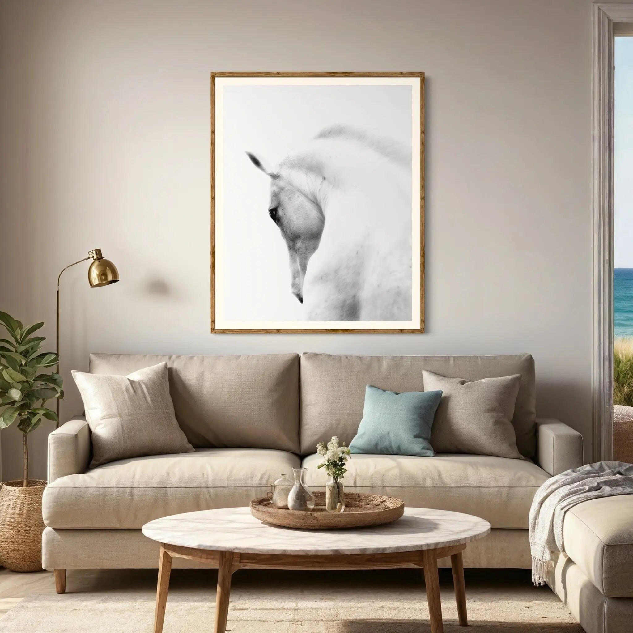 White Stallion Andalusian Horse shown in a minimalist home decor setting