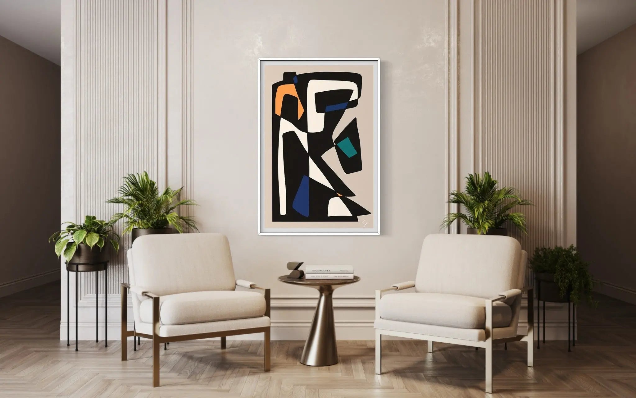 Abstract Geometric 4 by Yolanda Carbayo displayed in a modern living room interior