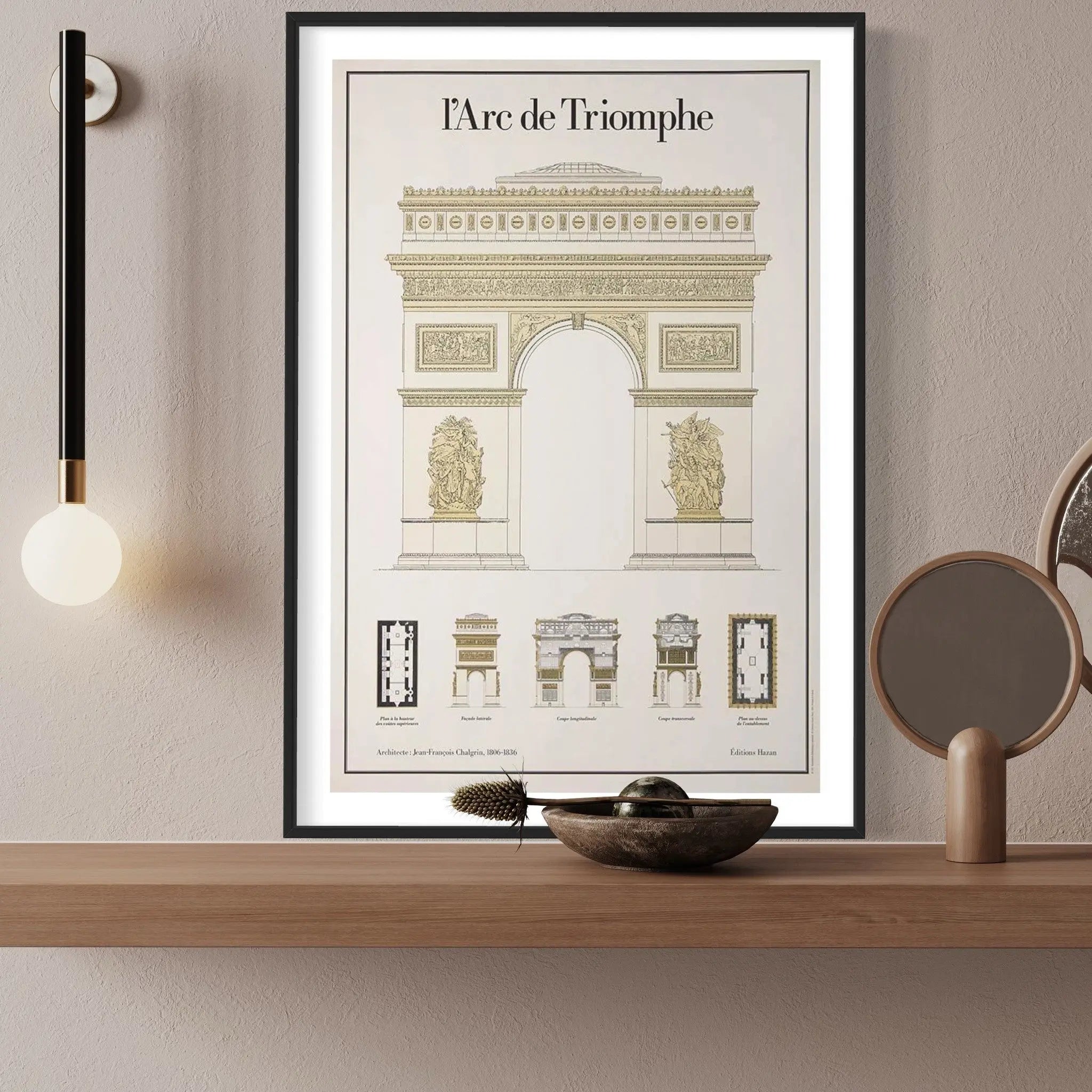 L' Arc De Triomphe Architectural Drawings showcased in a designer room setting