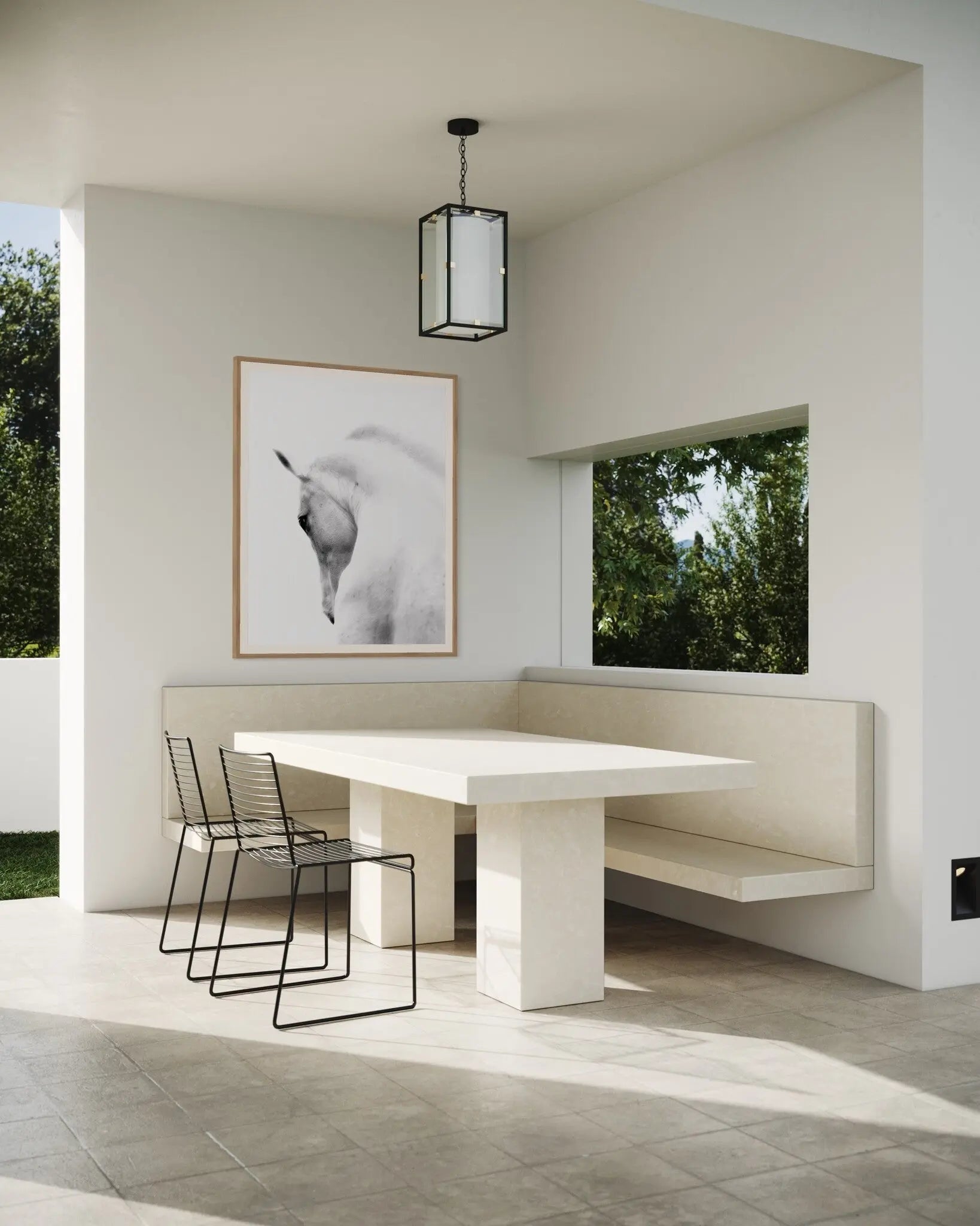 White Stallion Andalusian Horse showcased in a designer room setting