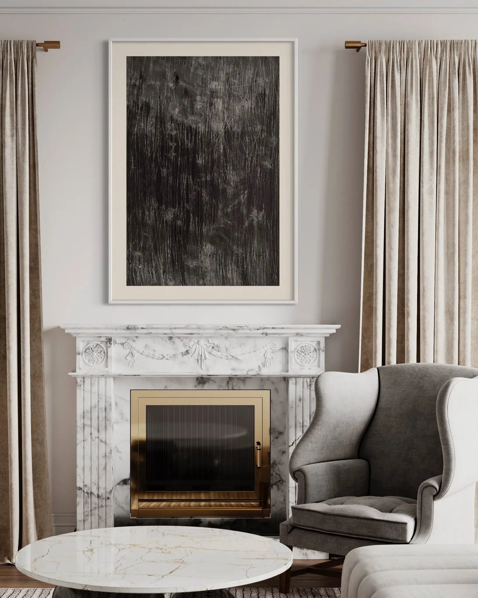 Traces by Evelyn Ogly displayed in a modern living room interior