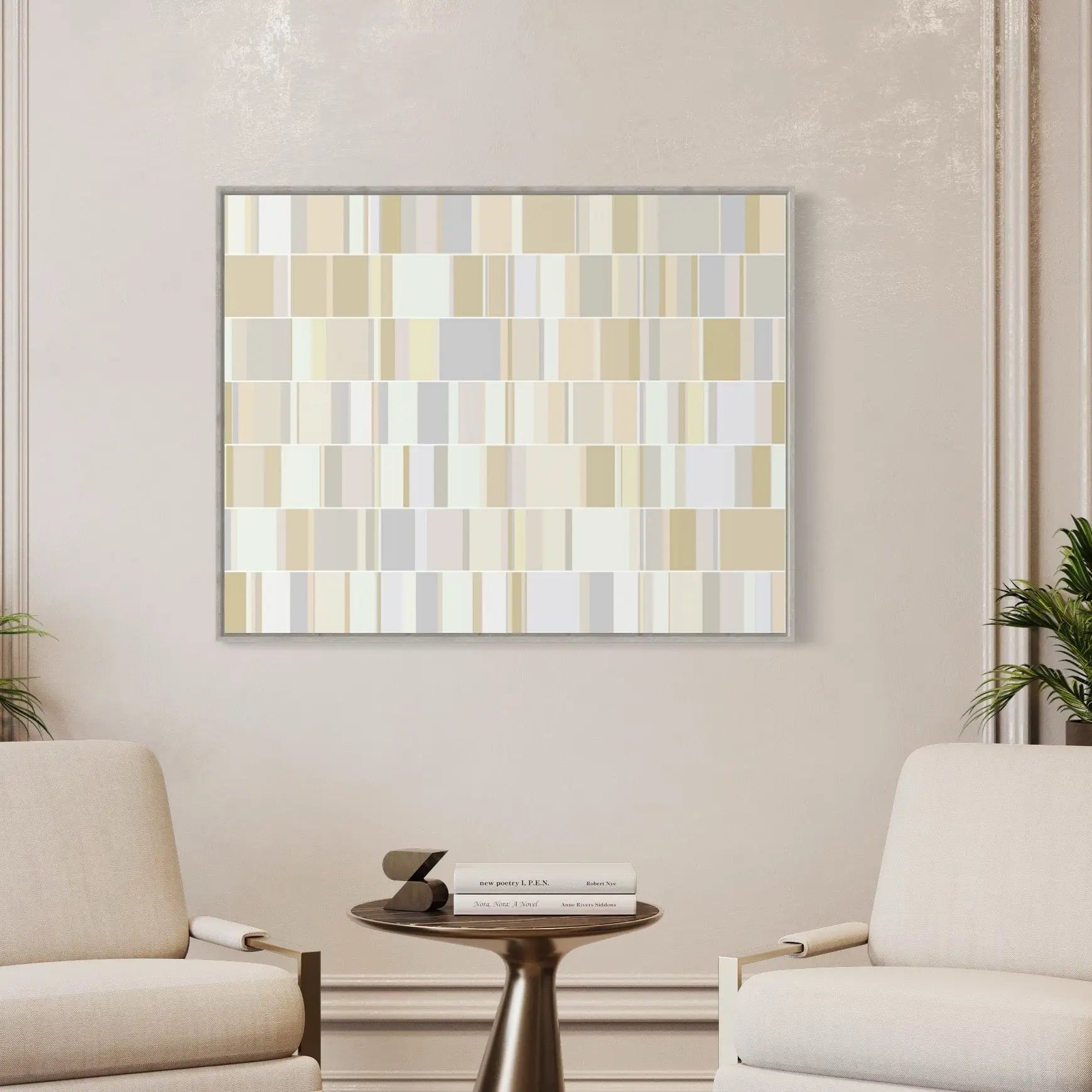 Neutral Domino Modernist Pattern by Alejandro Franseschini displayed in a modern living room interior