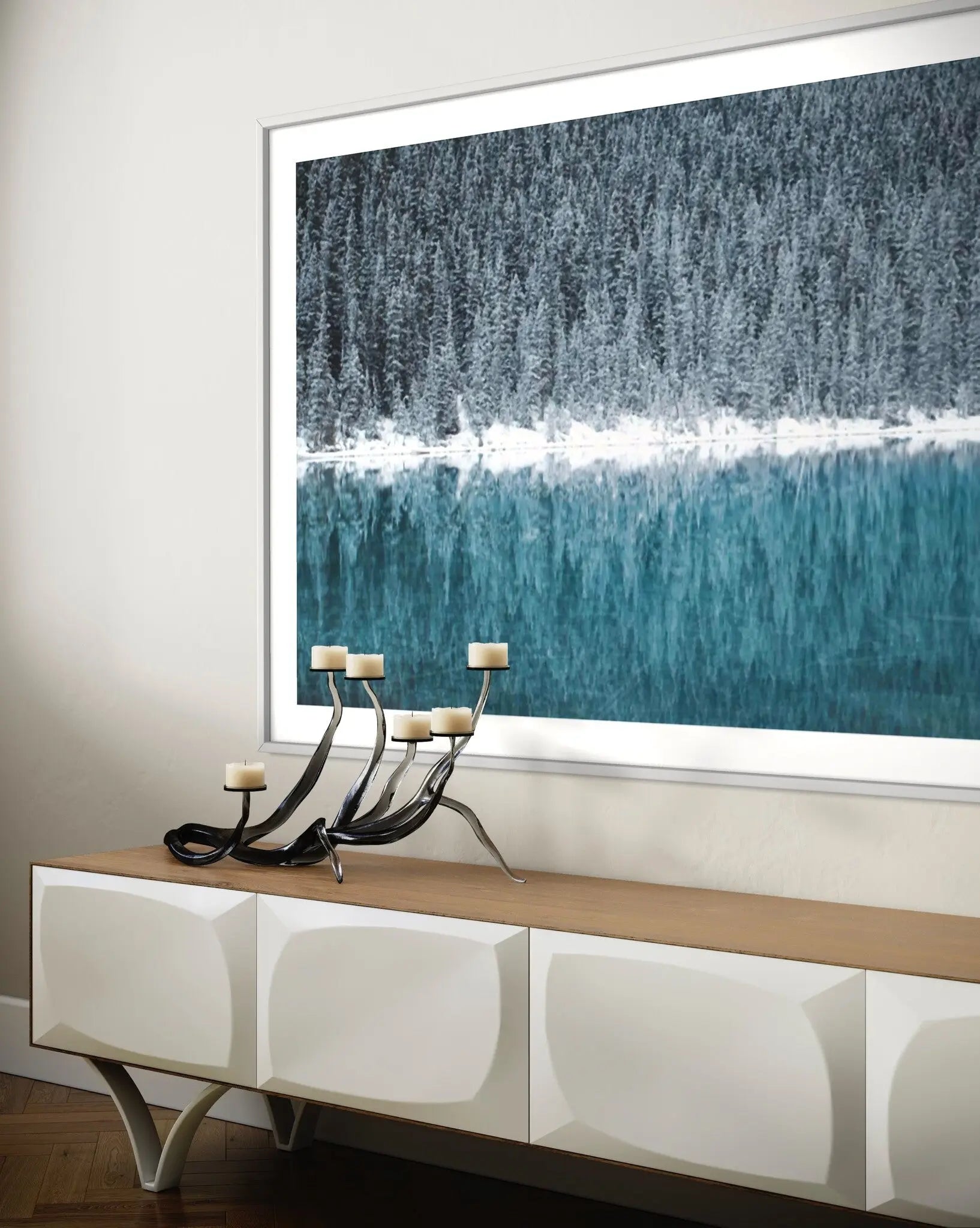 Frosty Lake by J. Caspari displayed in a modern living room interior
