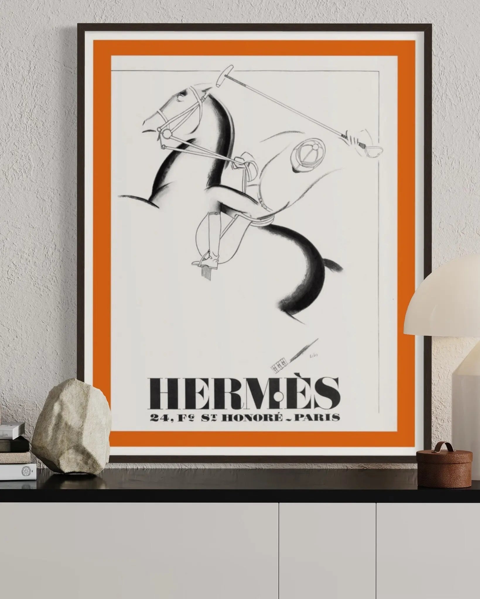 Vintage Hermes Poster 1932 Leather Brand displayed in a modern living room interior