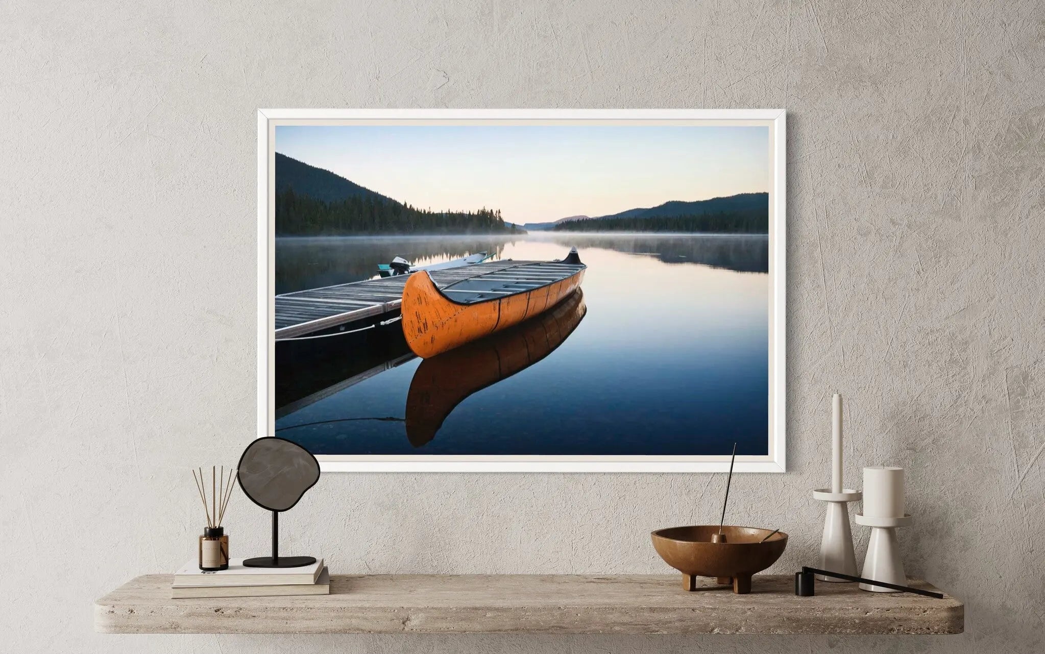 Tranquil Morning at Lake Cascapedia, Quebec displayed in a modern living room interior