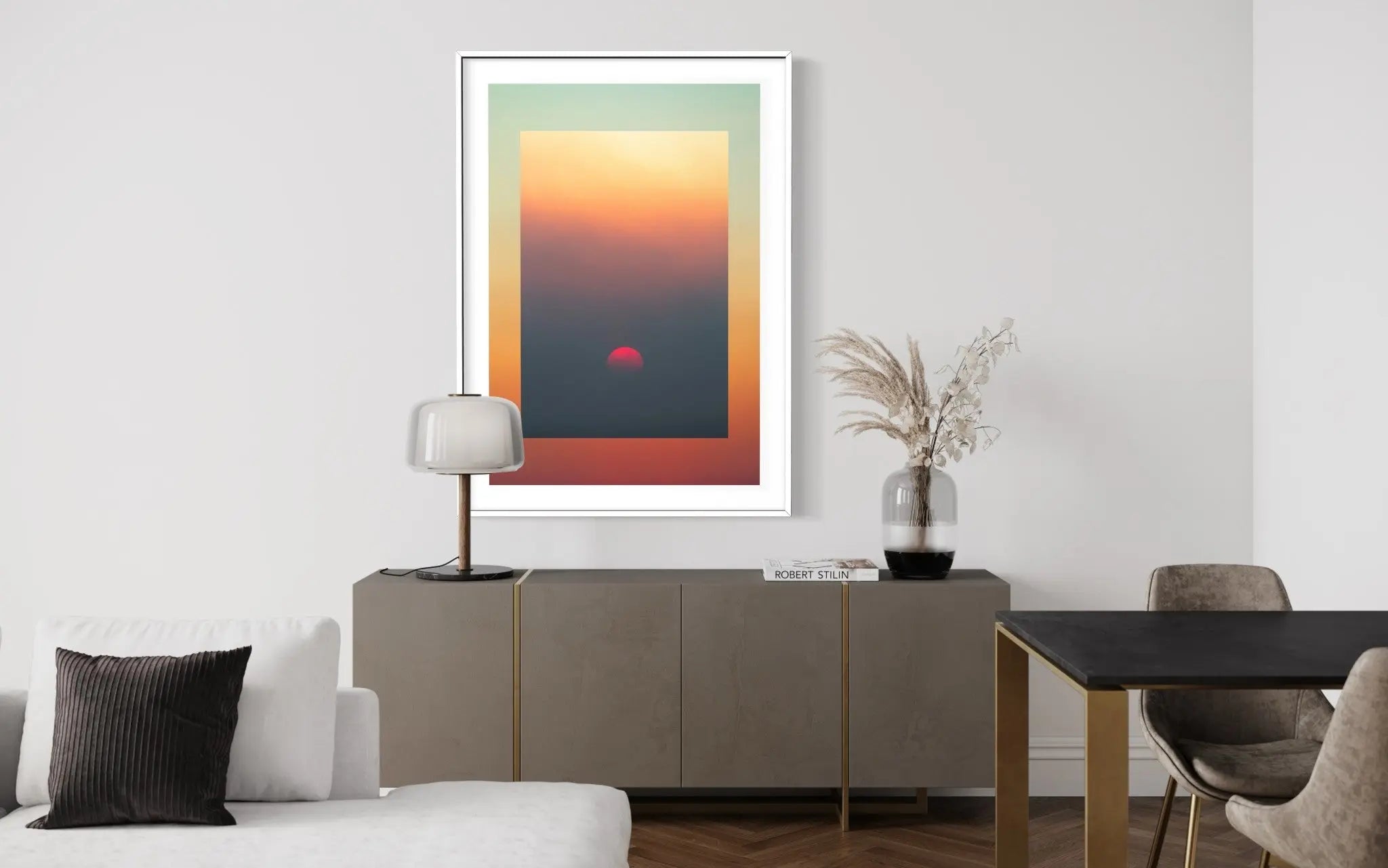 Red Moon Sunset by Francesco Alessandrini displayed in a modern living room interior