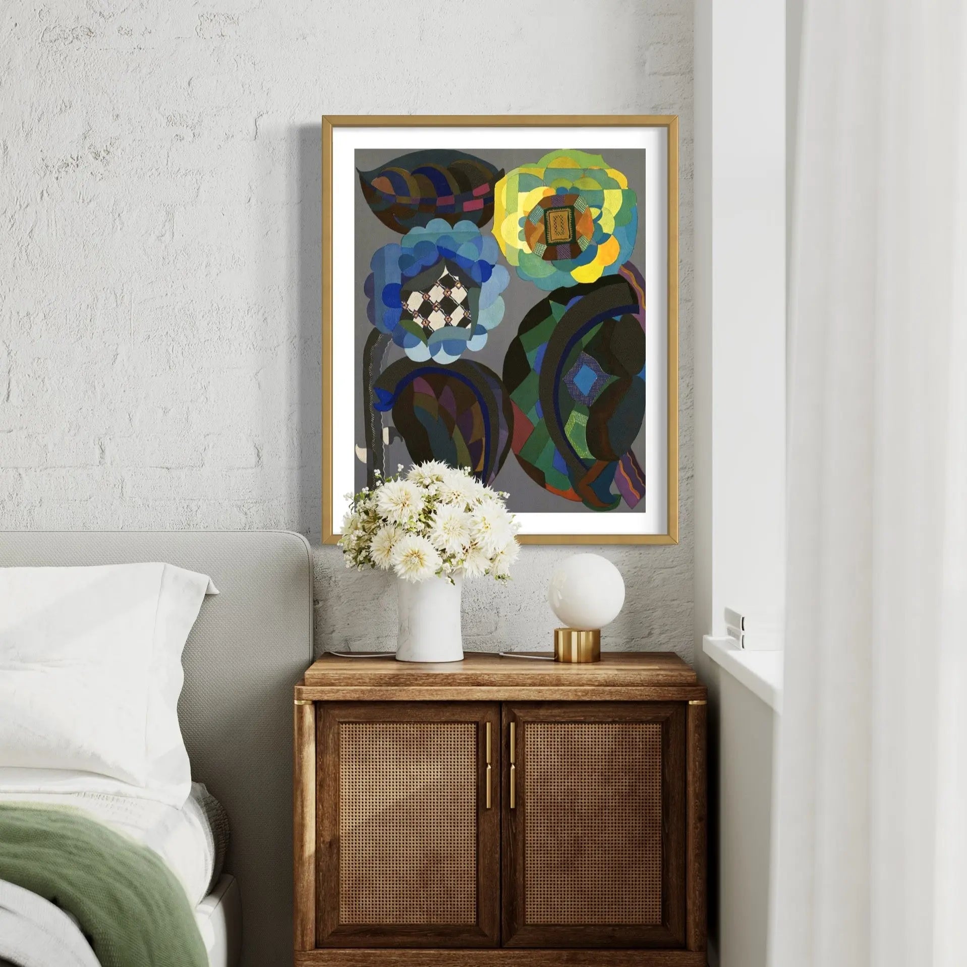 Still Life in Blue and Green by Georges Benedictus shown in a minimalist home decor setting