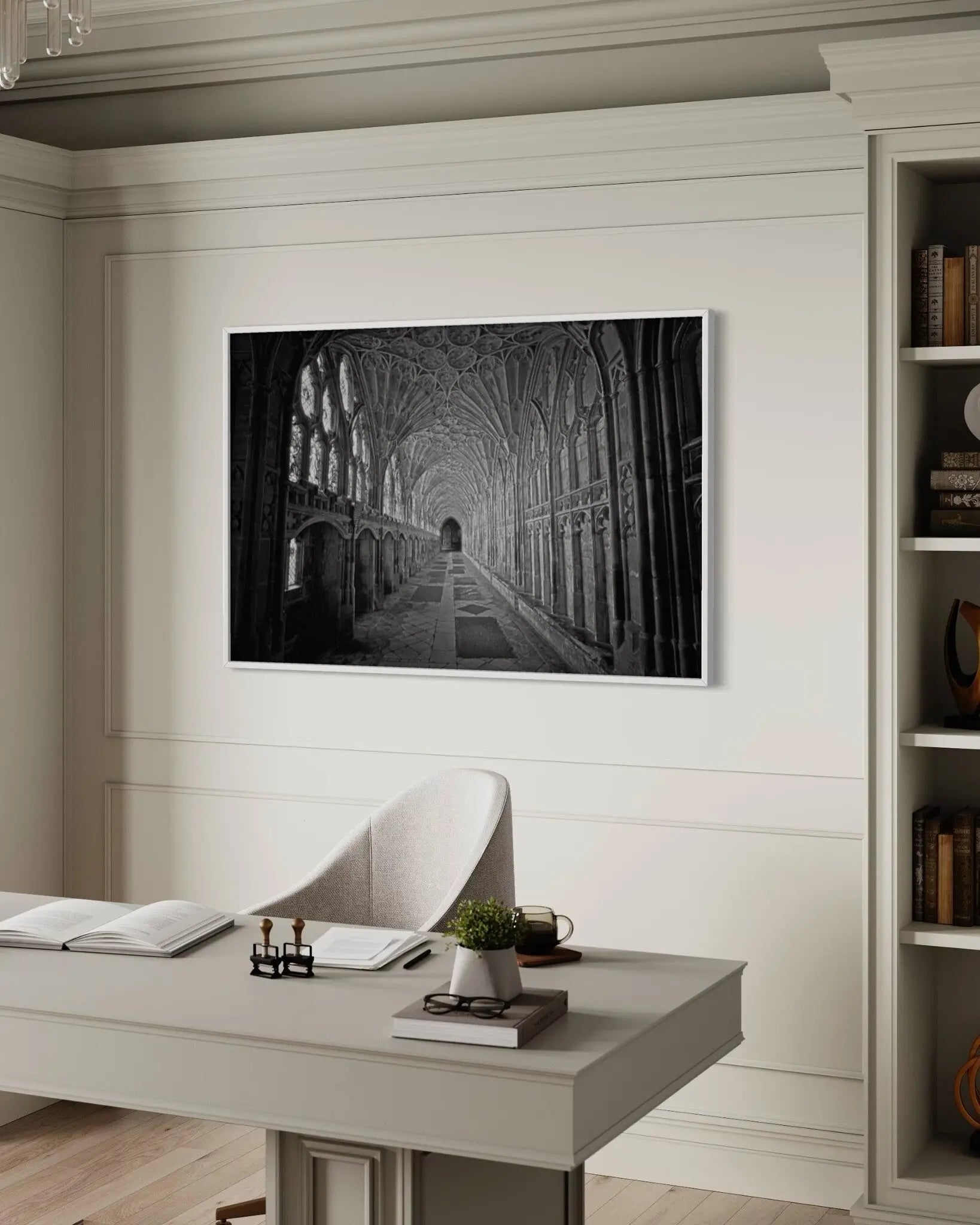 Gloucester Cathedral Black and White Photograph by M. Beck featured in an elegant interior space