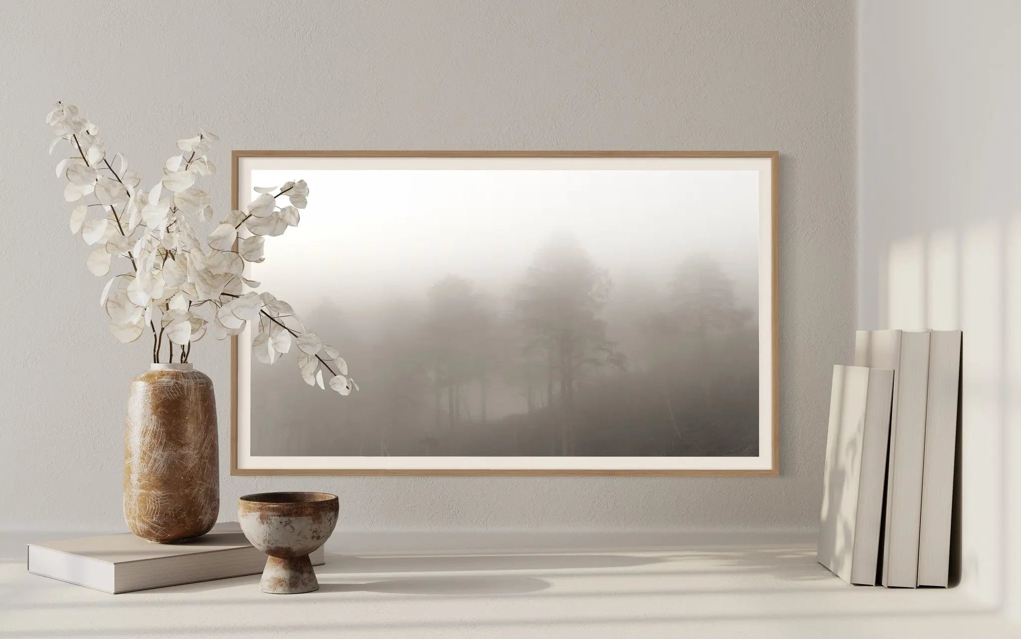 Monochrome Trees by P. Hendry presented in a curated interior design