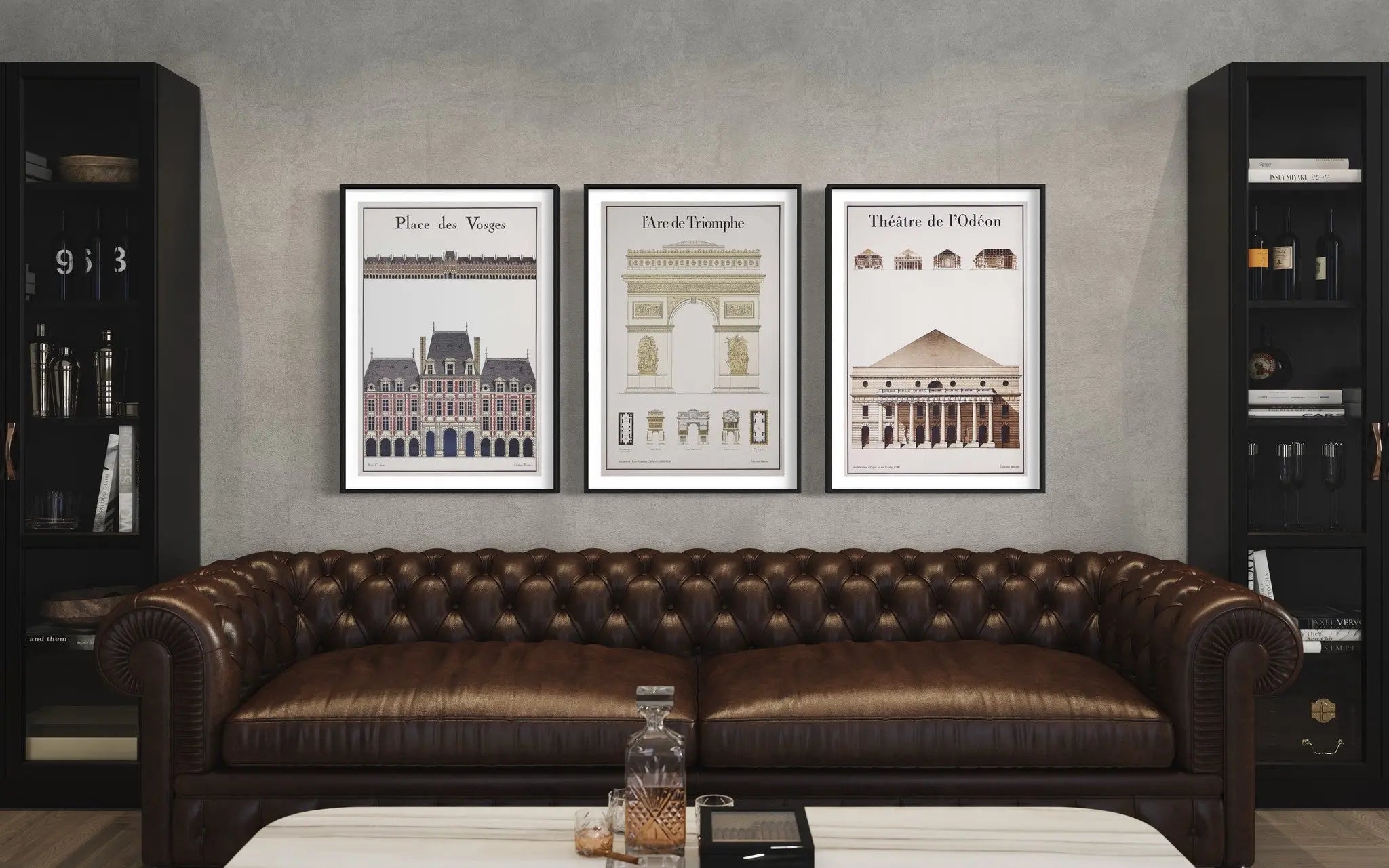 L' Arc De Triomphe Architectural Drawings featured in an elegant interior space
