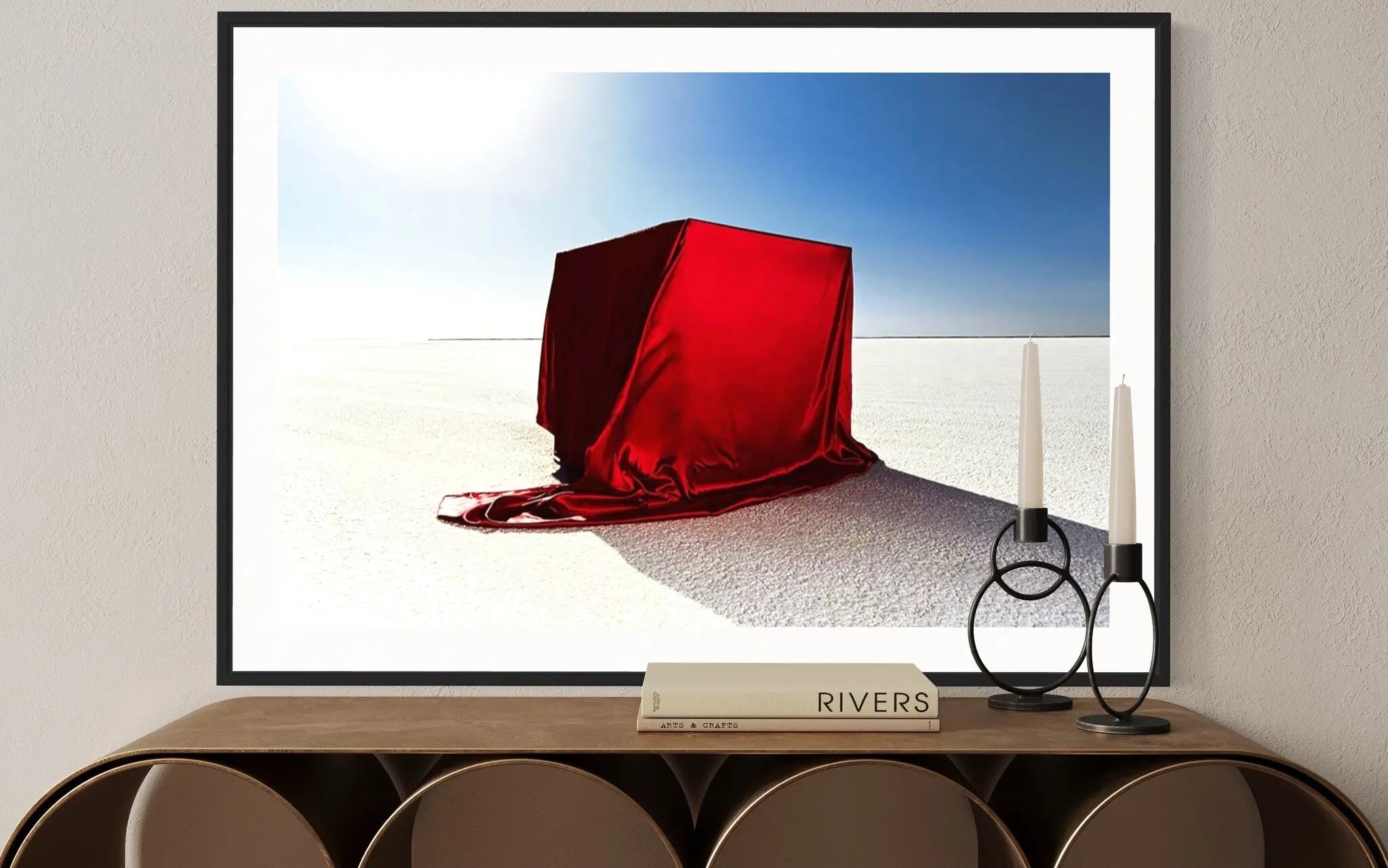 Red Fabric Box on Salt Flats by Andy Ryan displayed in a modern living room interior