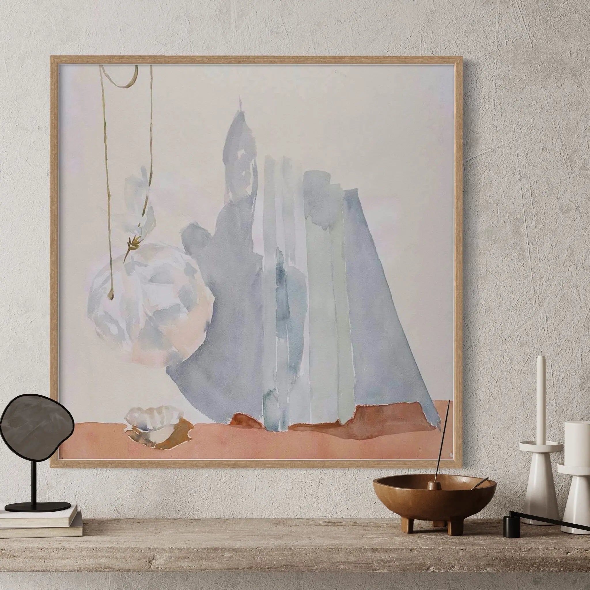 Abstraction in Grey and Pink by Encarnacion Portal Rubio displayed in a modern living room interior