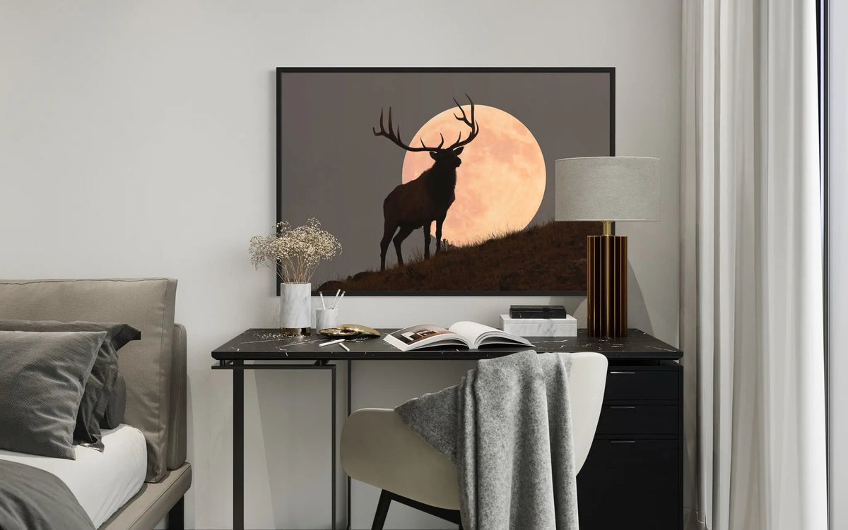 Bull Elk Against Full Moon by Mark Miller displayed in a modern living room interior