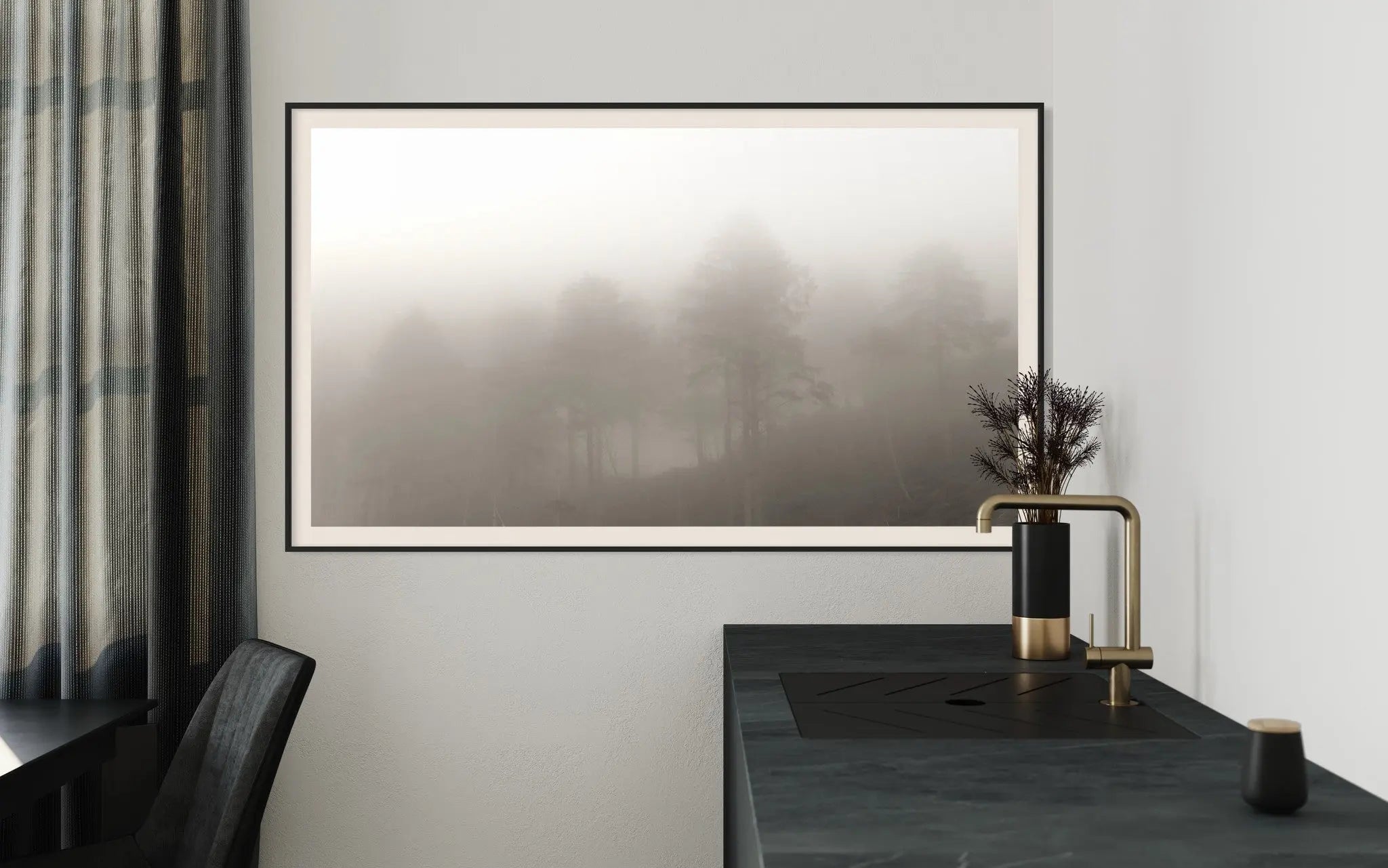 Monochrome Trees by P. Hendry styled in a contemporary interior setting