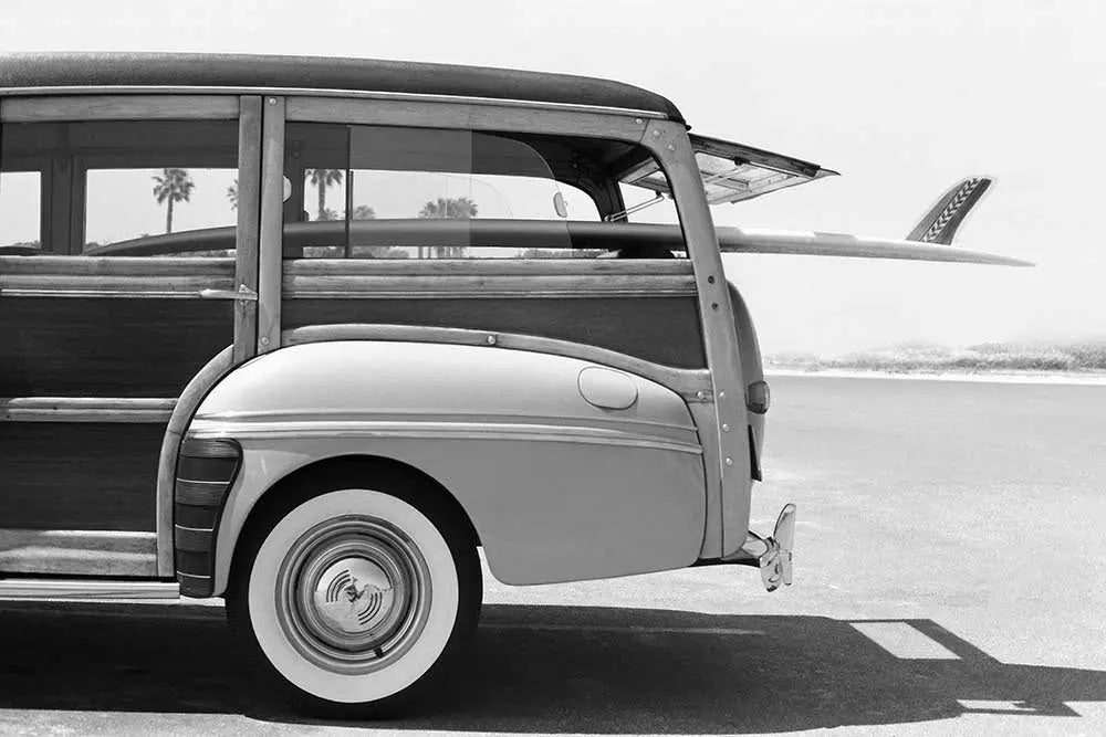 Old Woodie Station Wagon with Surfboard by Skodonnell, fine art print, The Picturalist