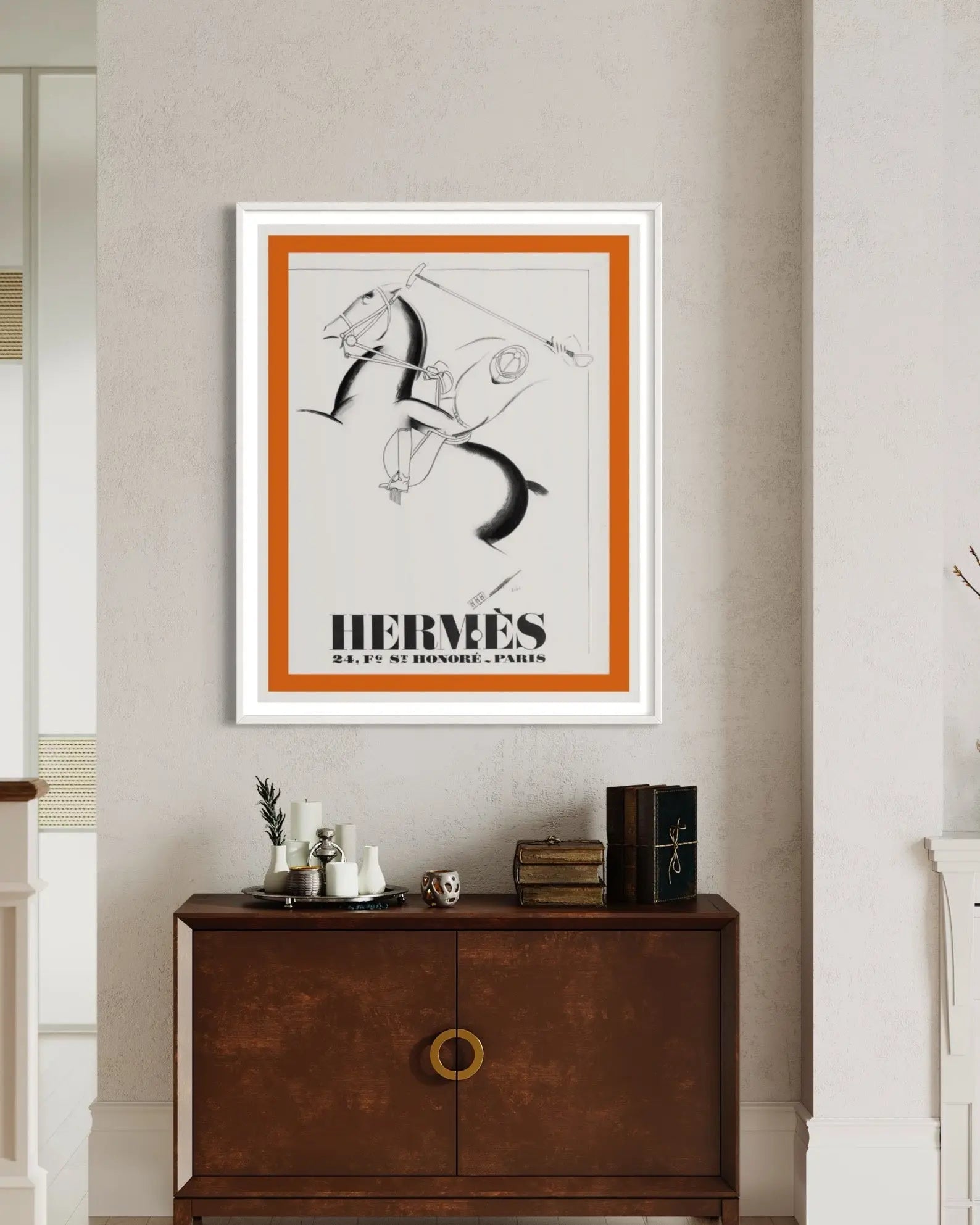 Vintage Hermes Poster 1932 Leather Brand showcased in a designer room setting