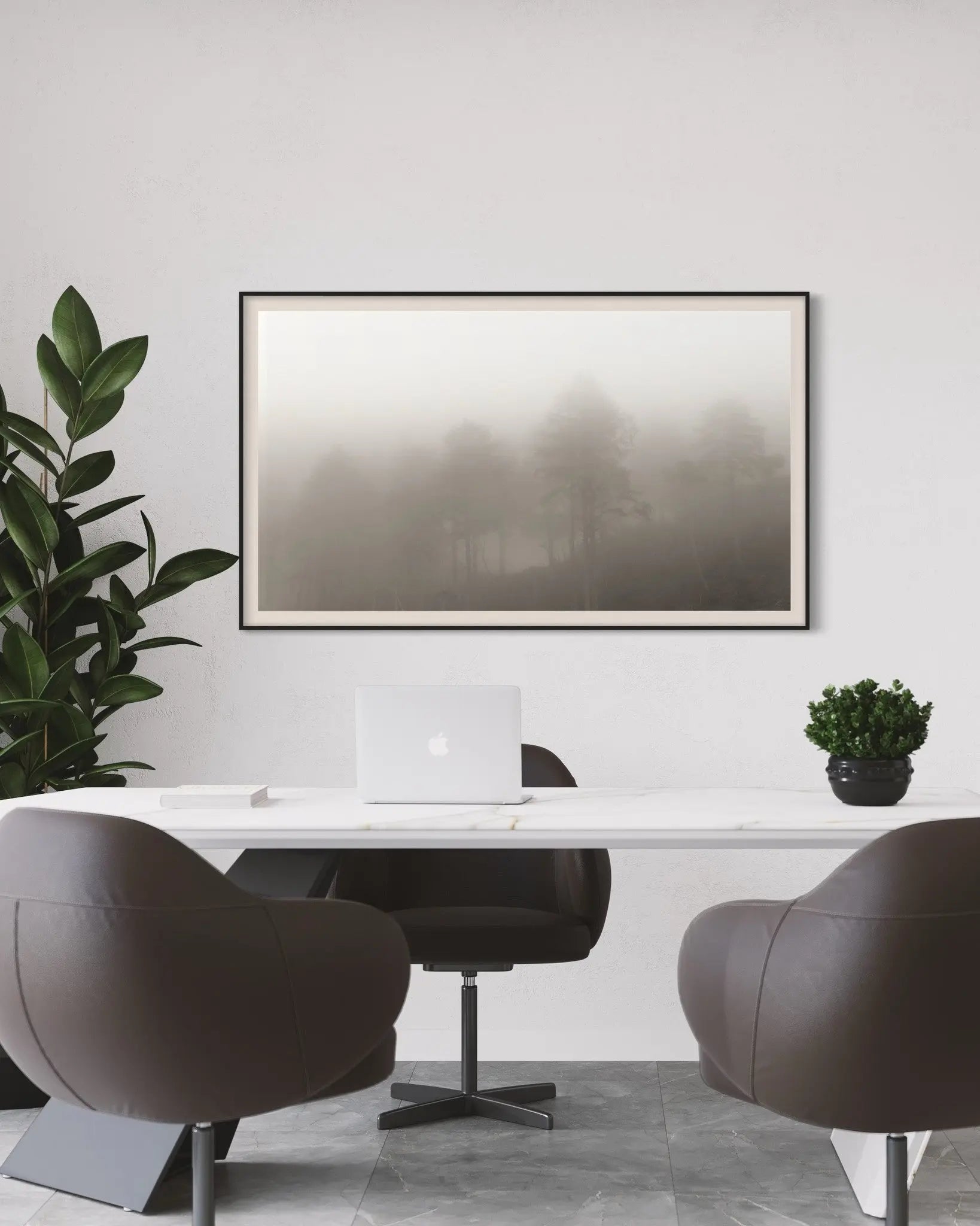 Monochrome Trees by P. Hendry displayed in a modern living room interior