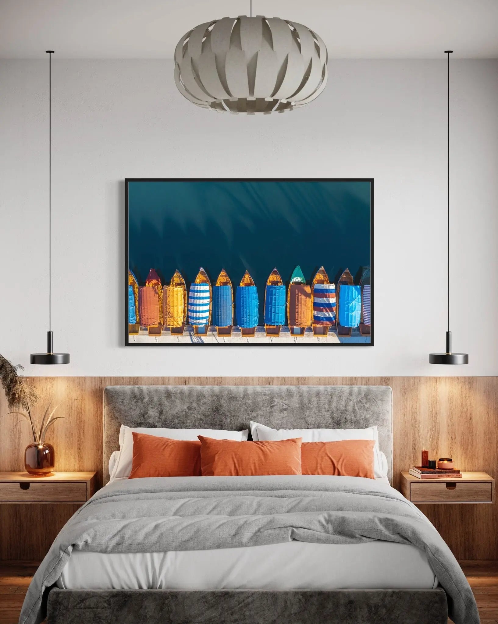 Boats on Lake Bled by Marco Bottigelli displayed in a modern living room interior