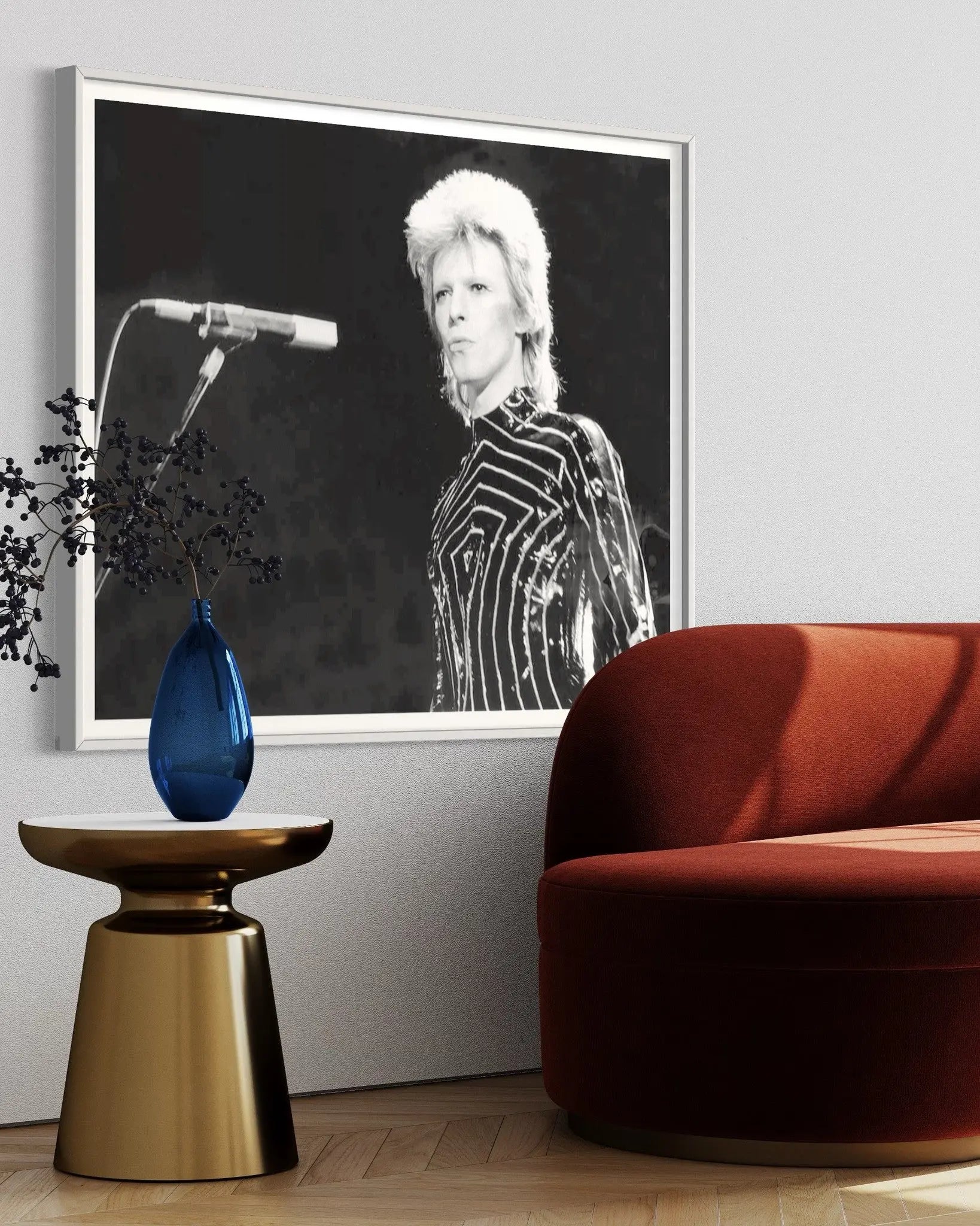 David Bowie by Richard Creamer displayed in a modern living room interior
