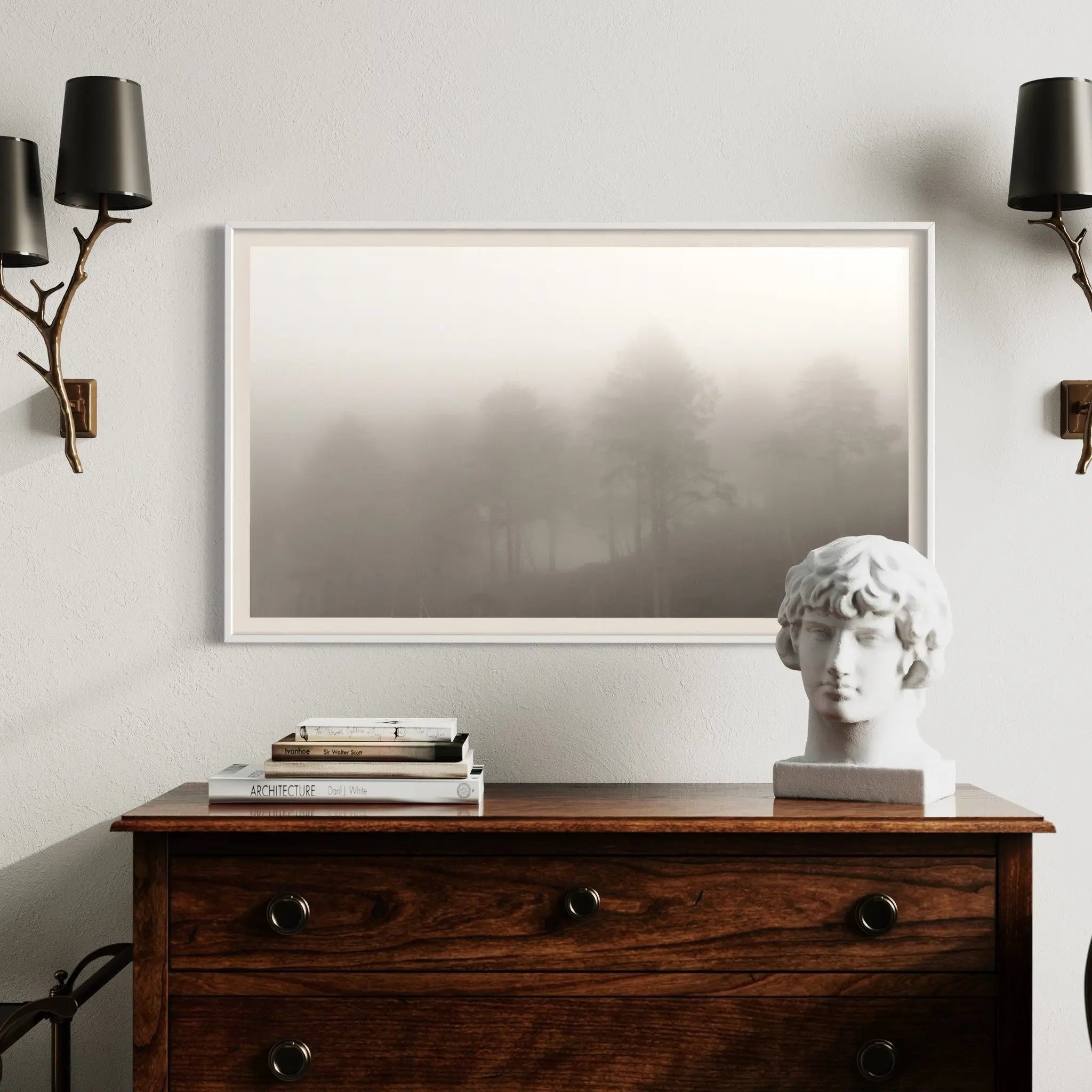 Monochrome Trees by P. Hendry featured in an elegant interior space