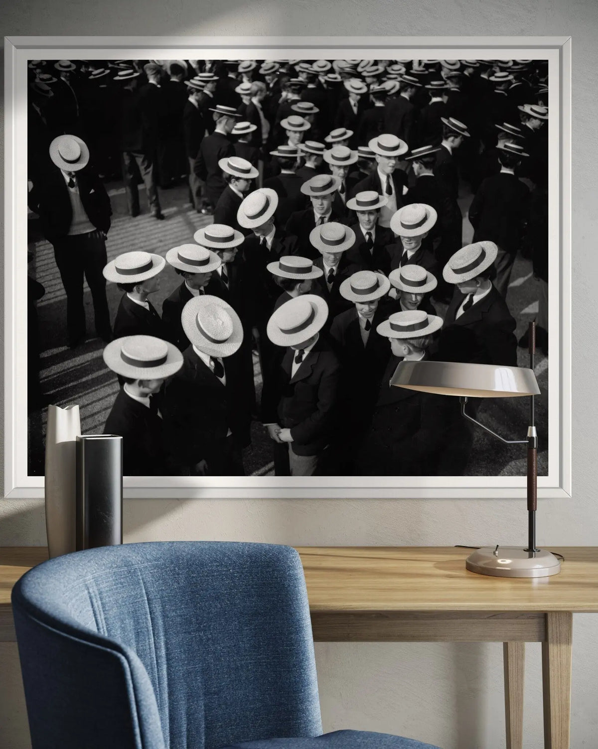 Harrow Schoolboys in Boaters 1956 styled in a contemporary interior setting