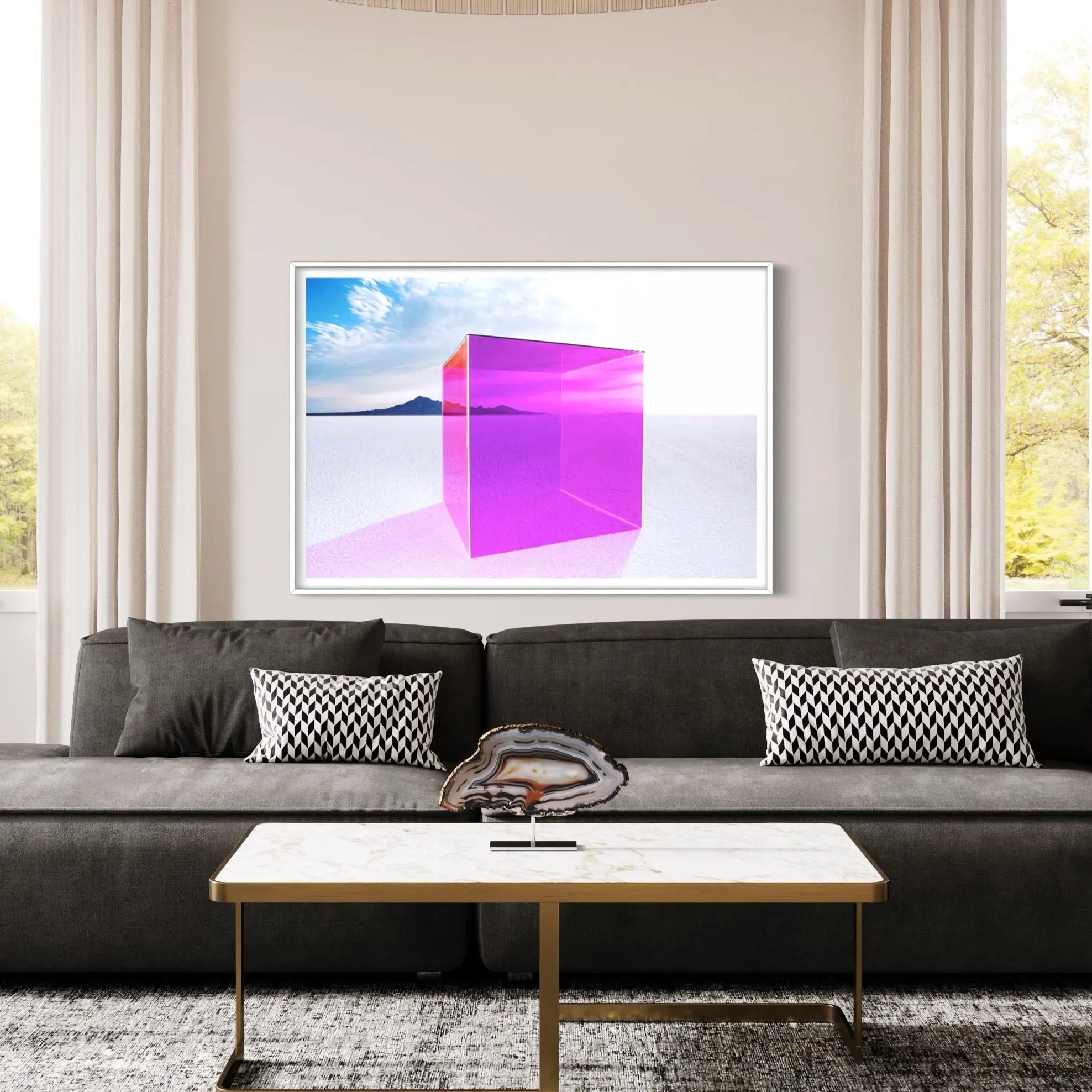 Magenta Box on Salt Flats by Andy Ryan featured in an elegant interior space