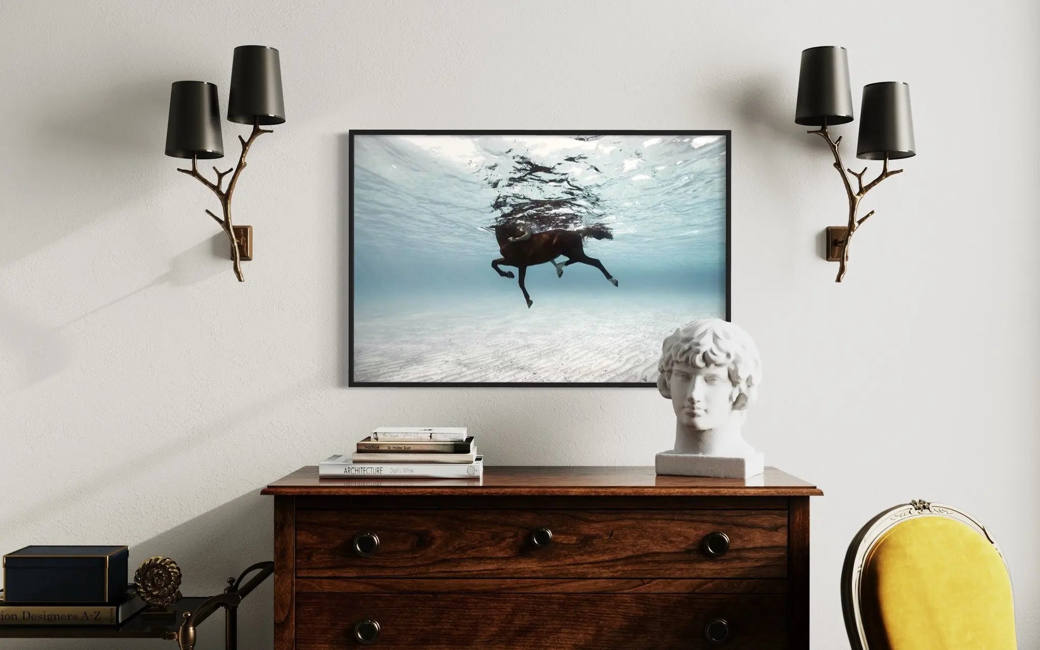On a Horse in the Mediterranean Sea by Enric Gener shown in a minimalist home decor setting