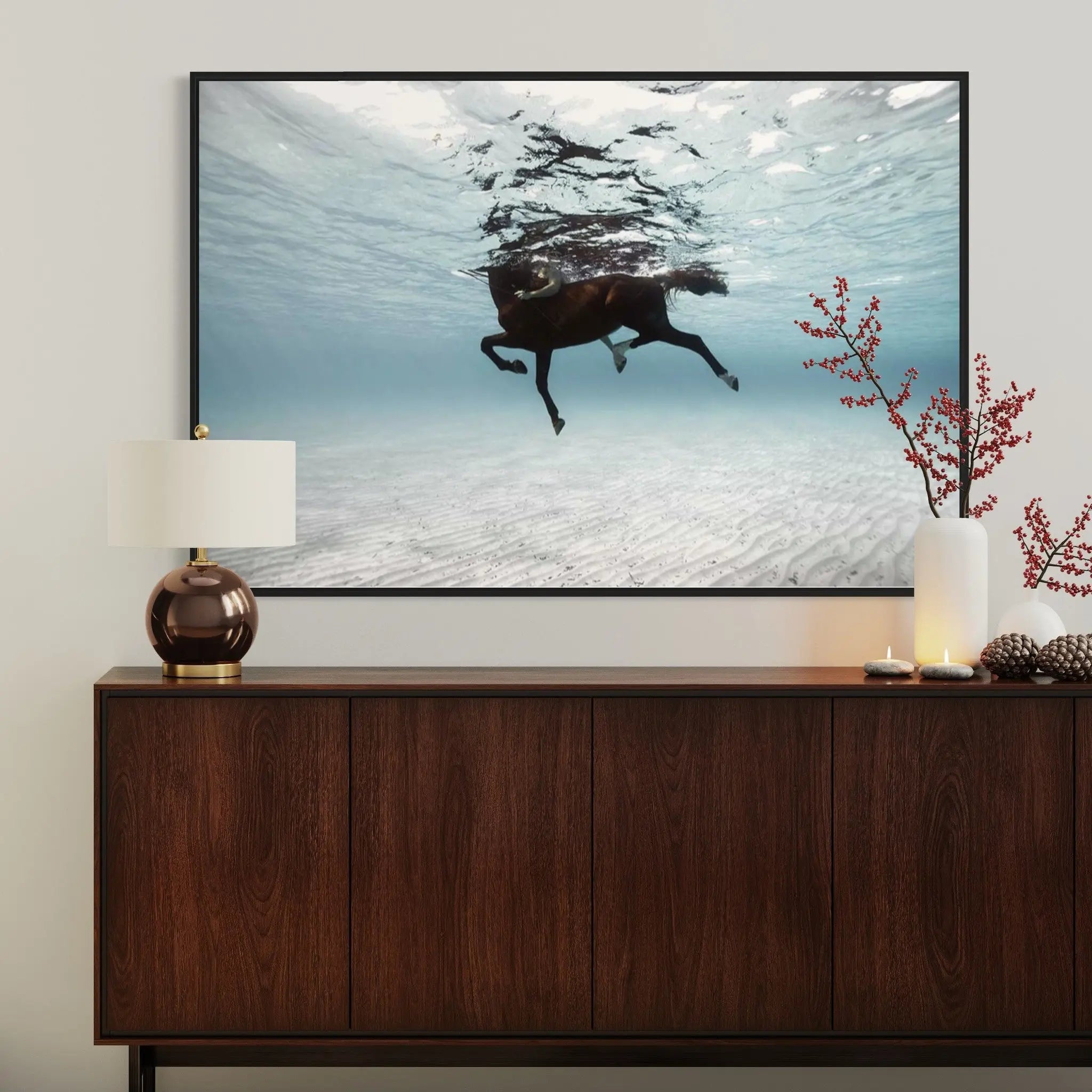 On a Horse in the Mediterranean Sea by Enric Gener displayed in a modern living room interior