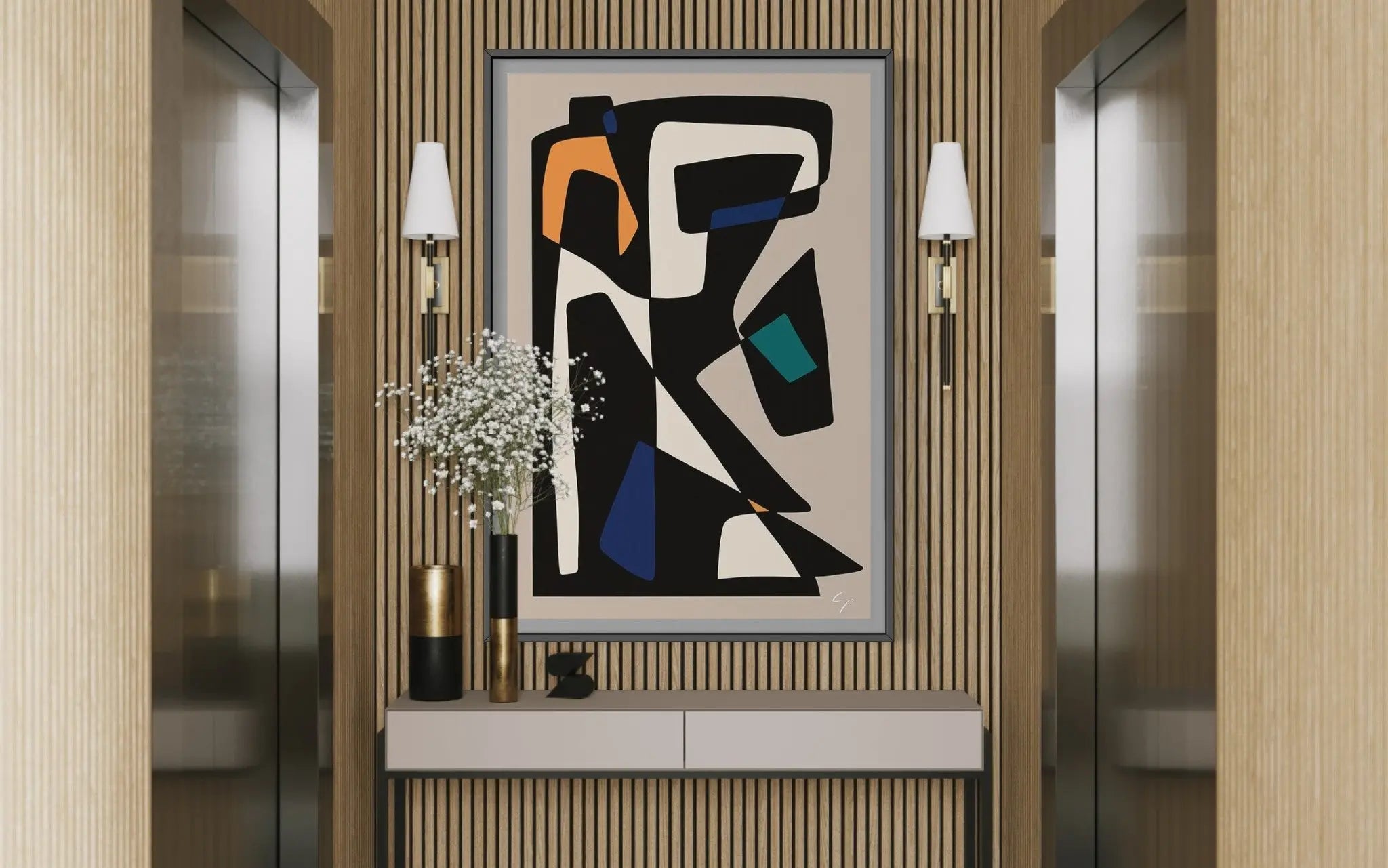 Abstract Geometric 4 by Yolanda Carbayo styled in a contemporary interior setting