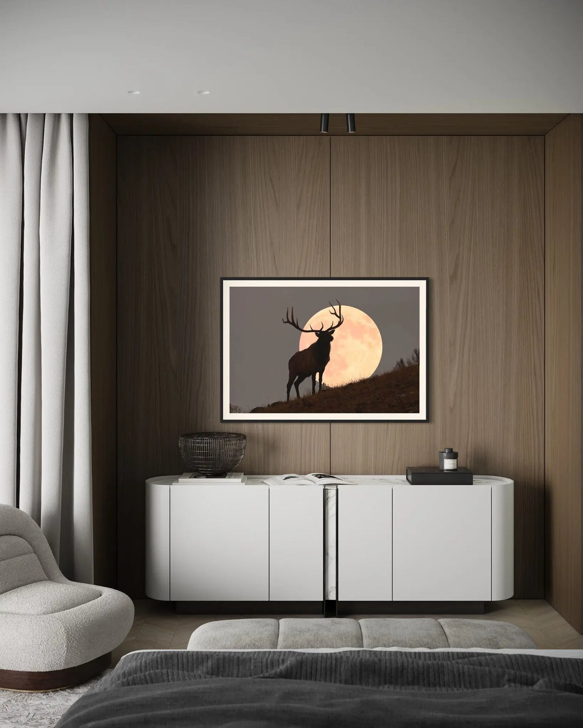 Bull Elk Against Full Moon by Mark Miller styled in a contemporary interior setting