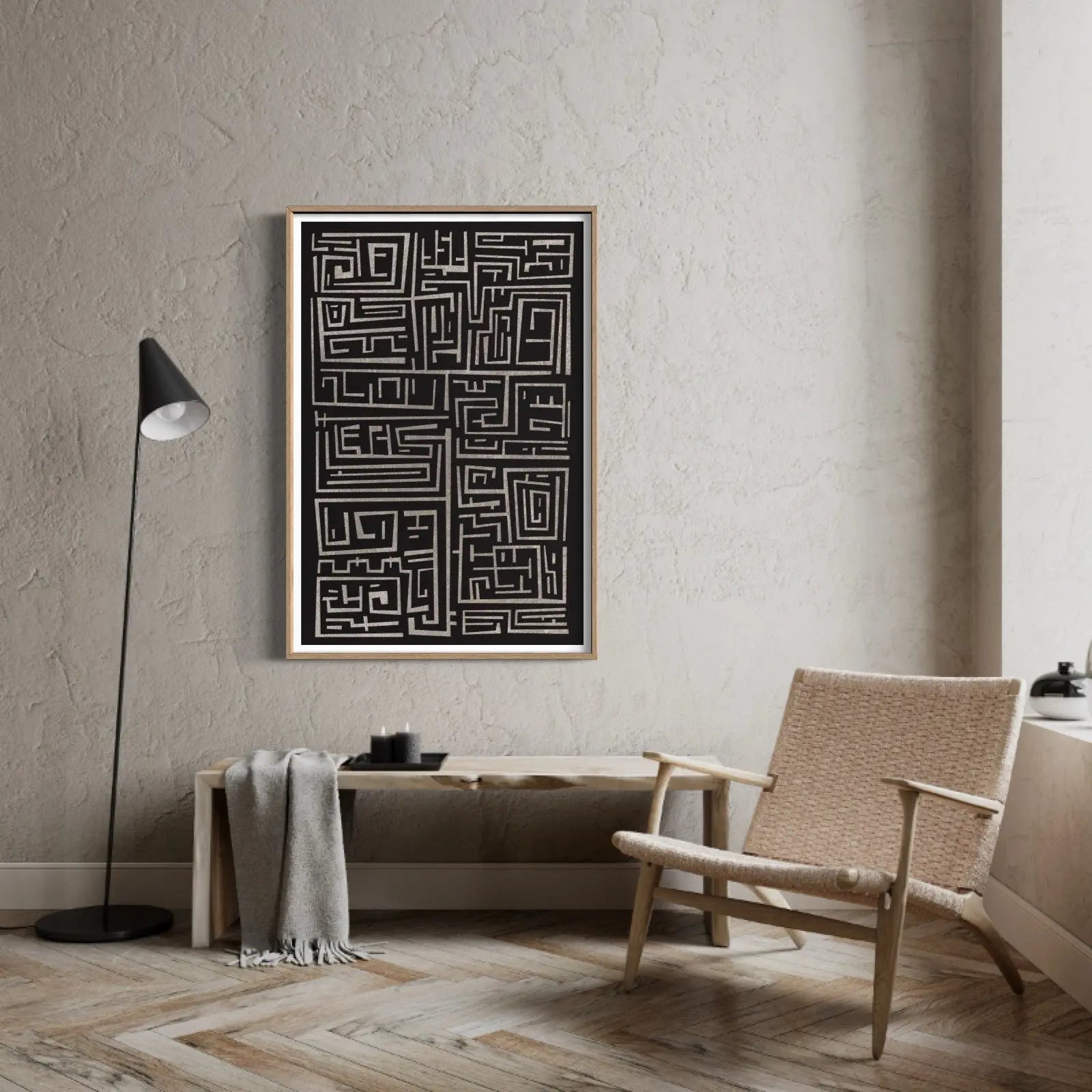 Labyrinth 1 by Alejandro Franseschini displayed in a modern living room interior