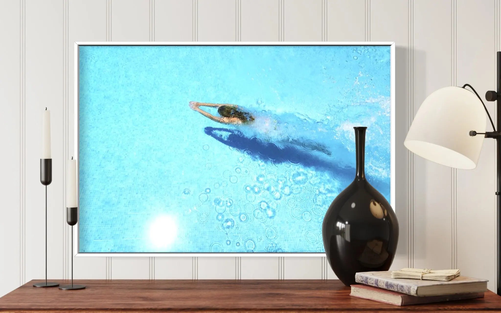 Woman Diving in Swimming Pool by Estend61 displayed in a modern living room interior