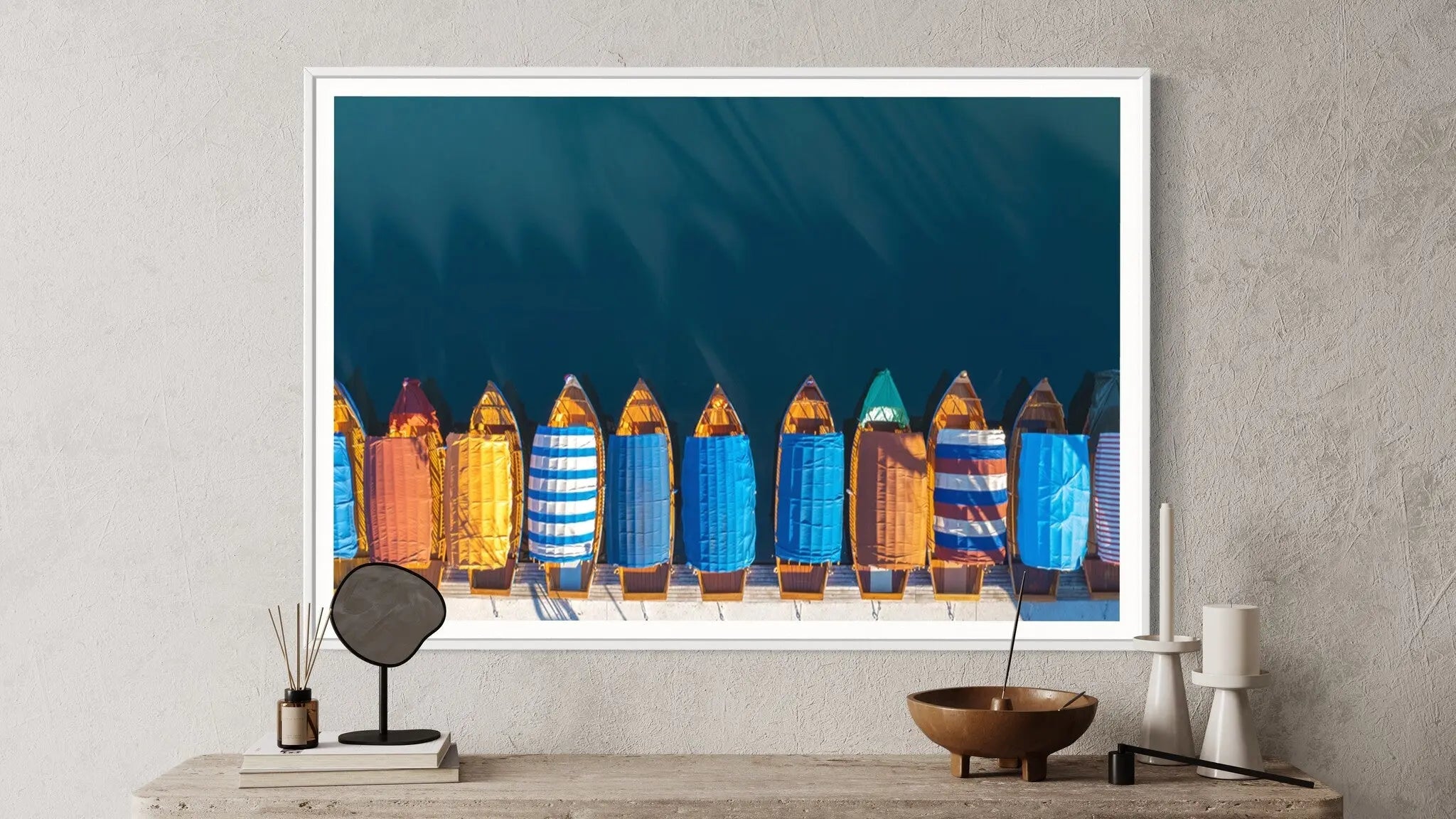 Boats on Lake Bled by Marco Bottigelli styled in a contemporary interior setting