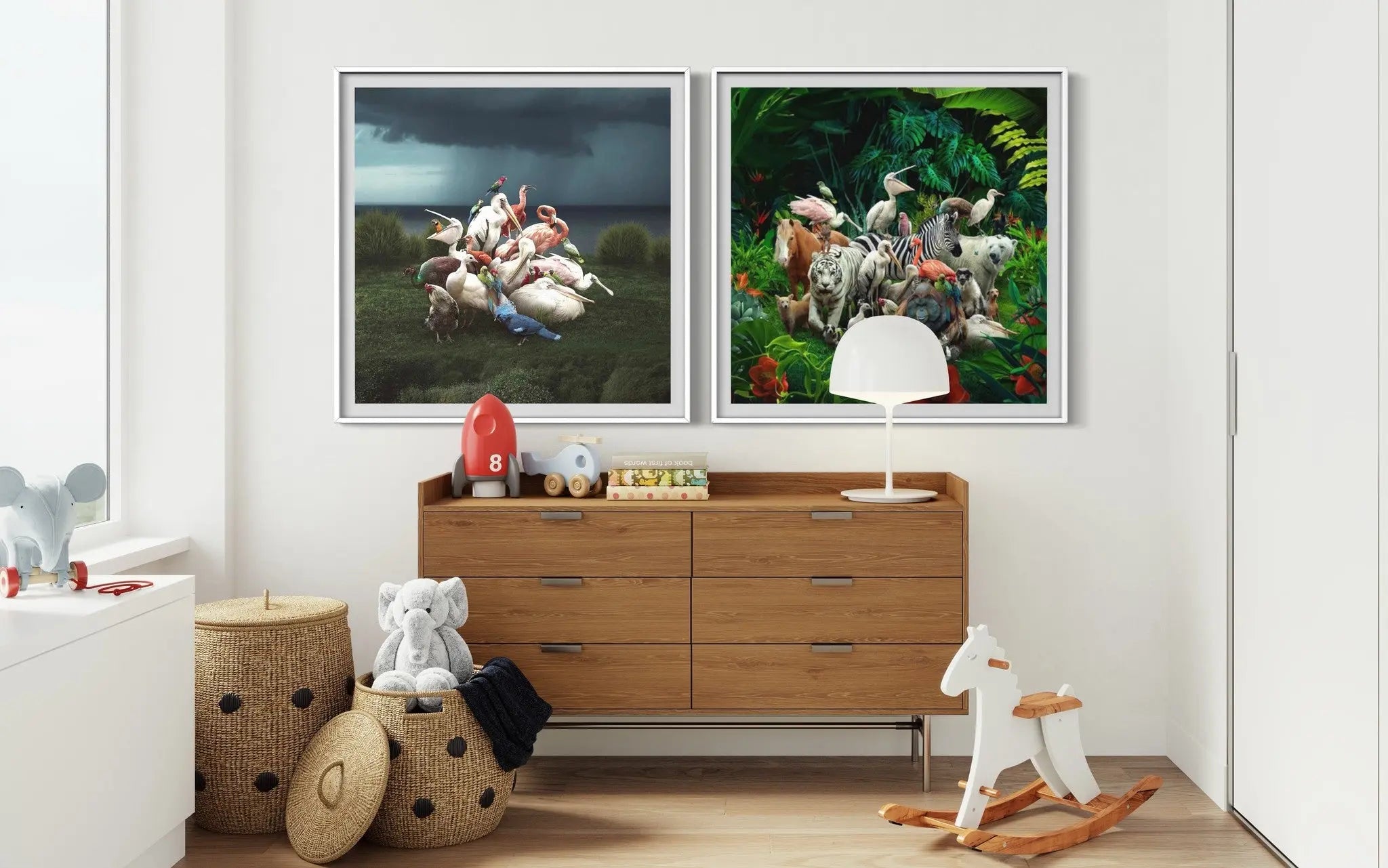Portrait of Tropical Birds by Vizerskaya displayed in a modern living room interior