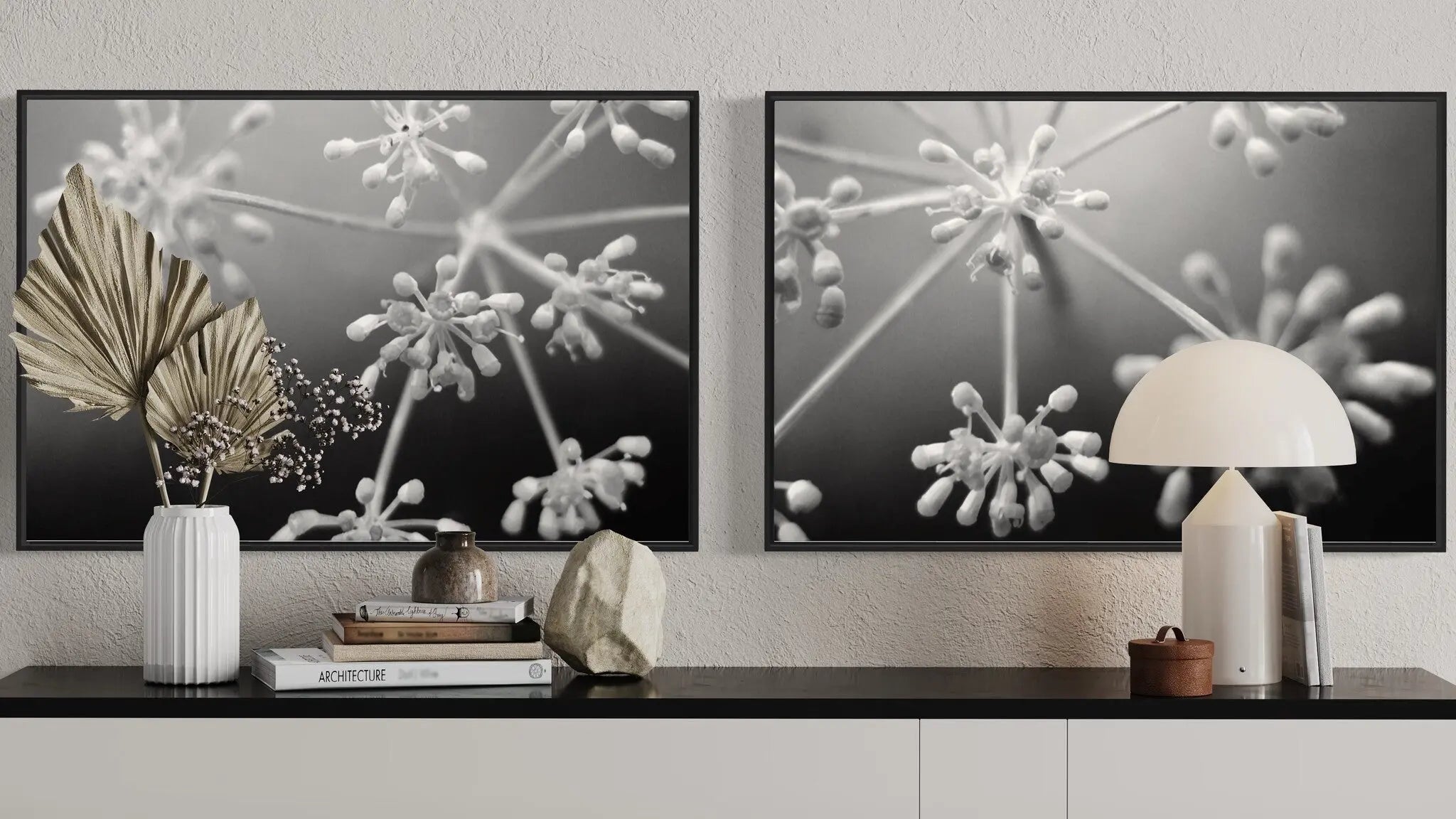 Fleurs Blanches 2 by Eric Gizard displayed in a modern living room interior
