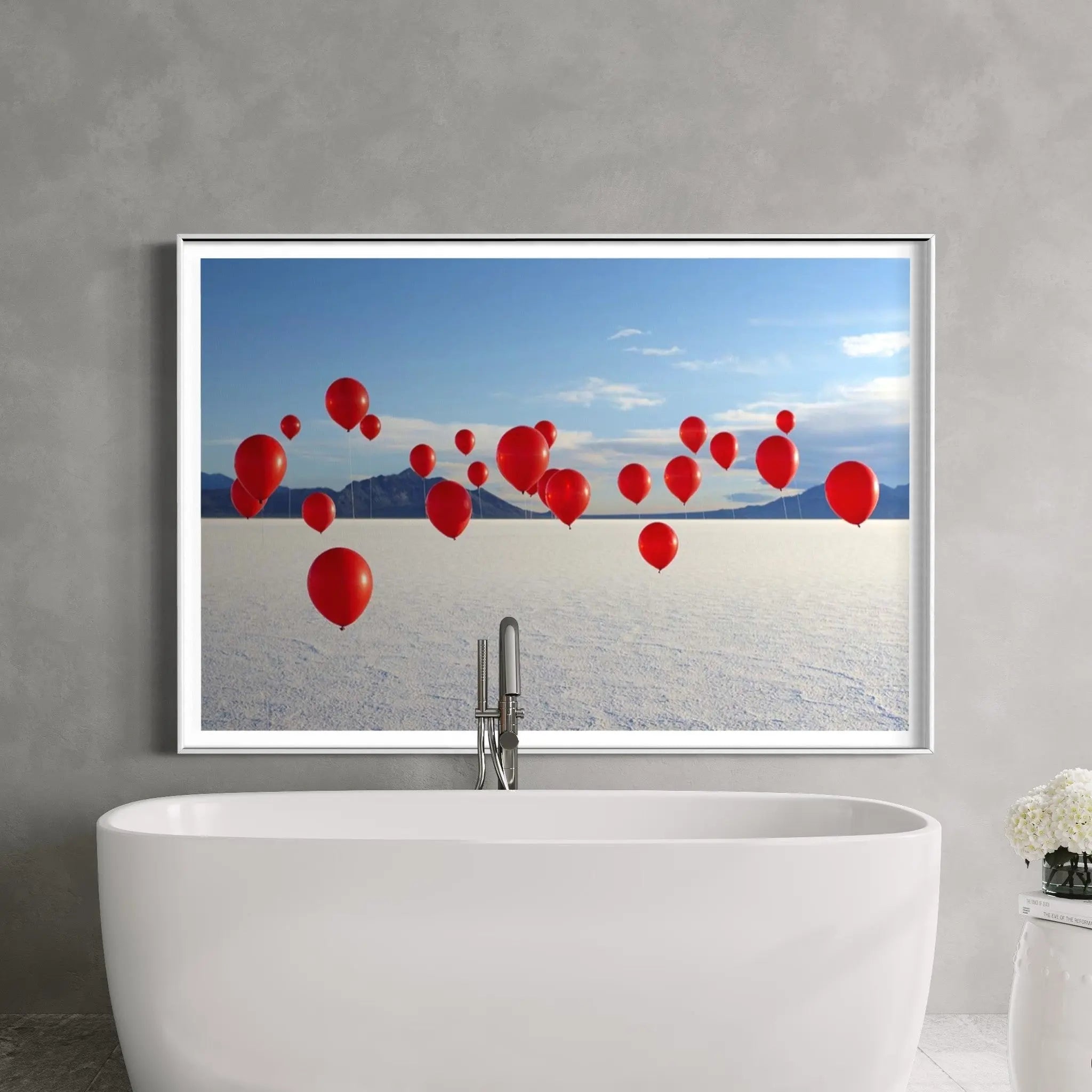 Red Balloons on Salt Flats by Andy Ryan featured in an elegant interior space