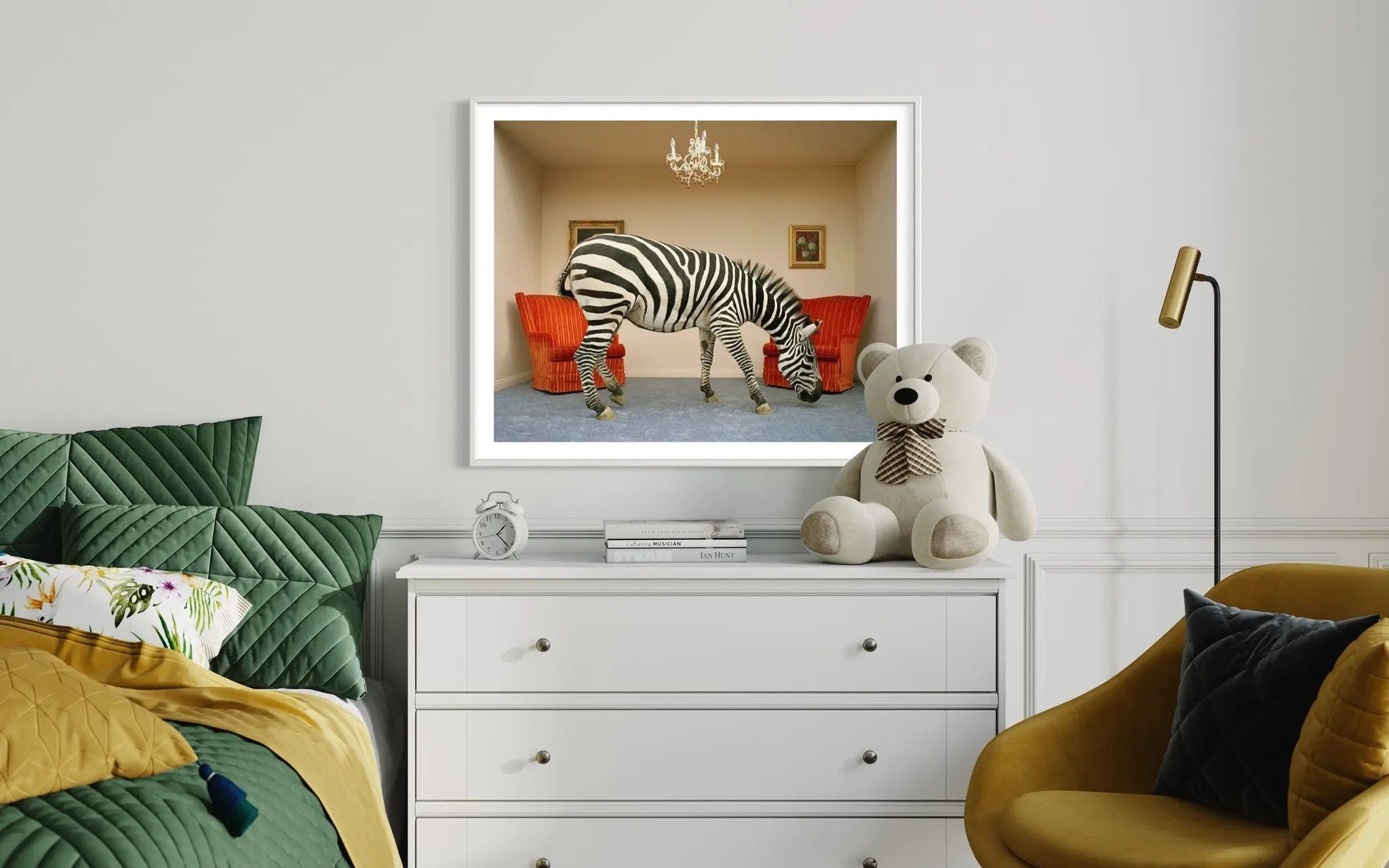 Zebra in Living Room by Matthias Clamer displayed in a modern living room interior