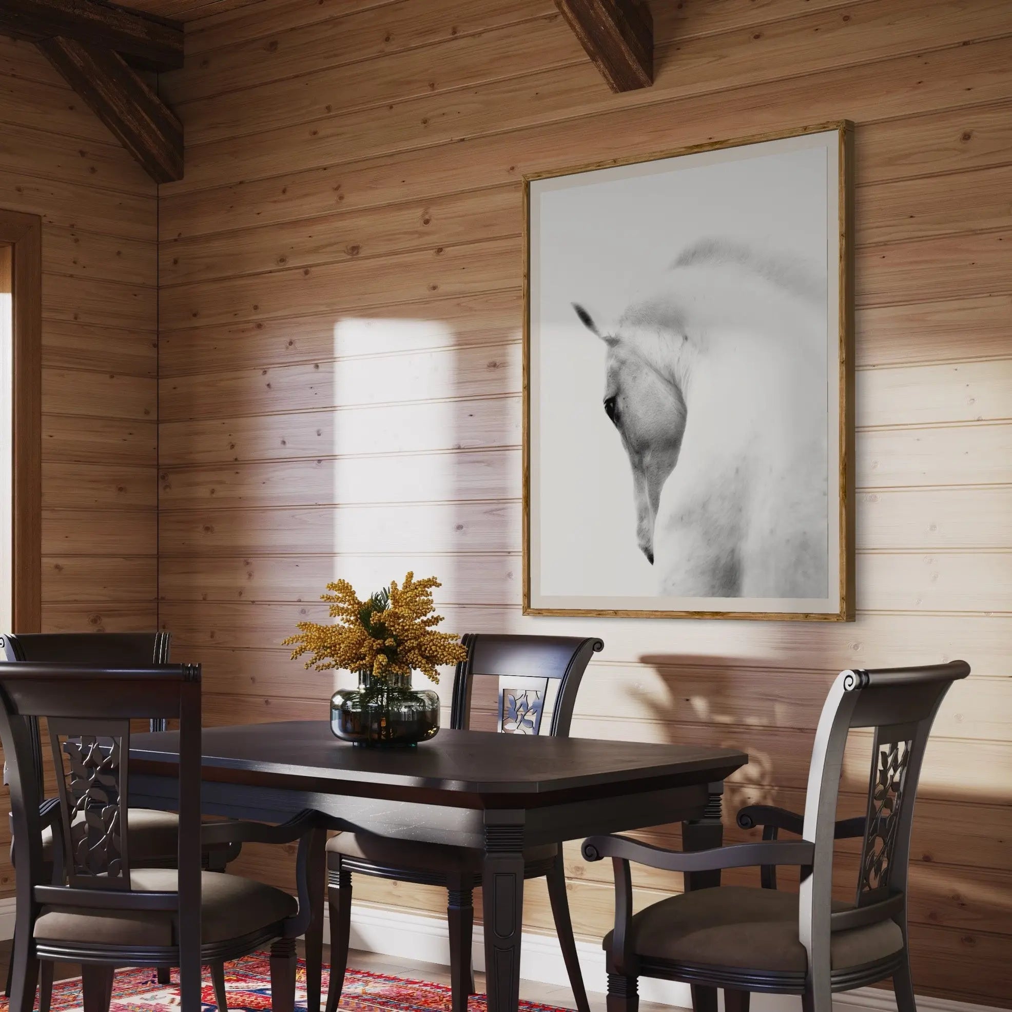 White Stallion Andalusian Horse presented in a curated interior design