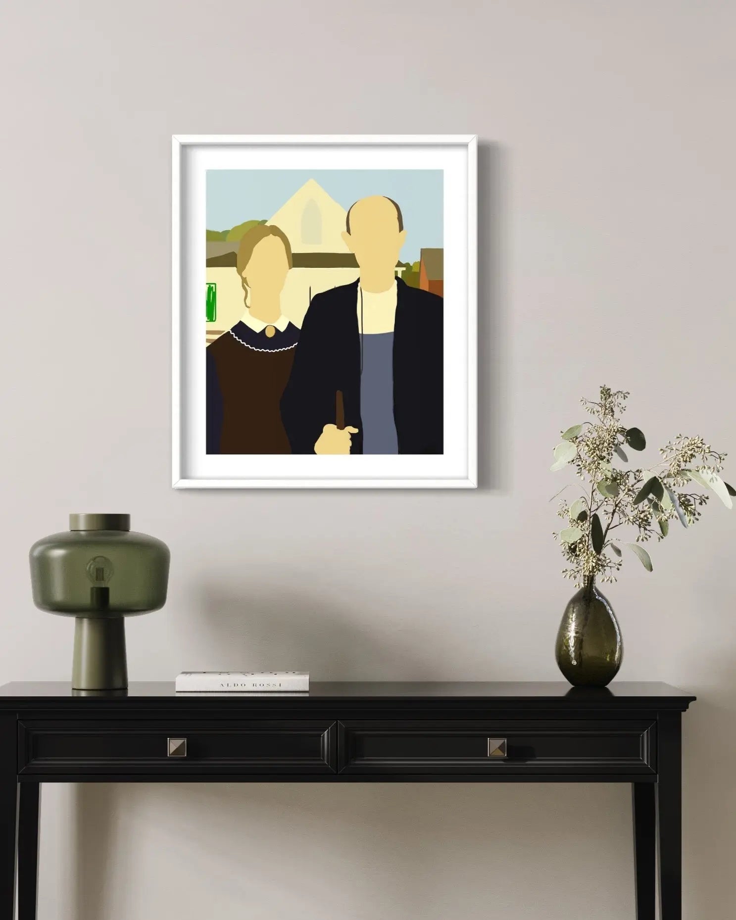 American Gothic by Michael Schleuse displayed in a modern living room interior