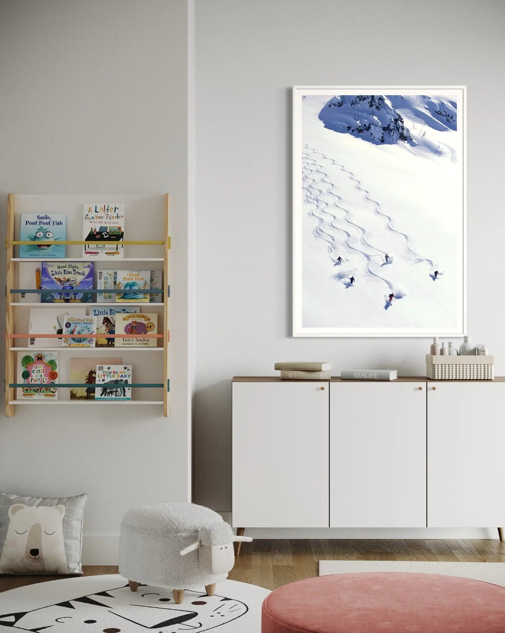Thrilling Heli-Skiing Descent by Karl Weatherly showcased in a designer room setting