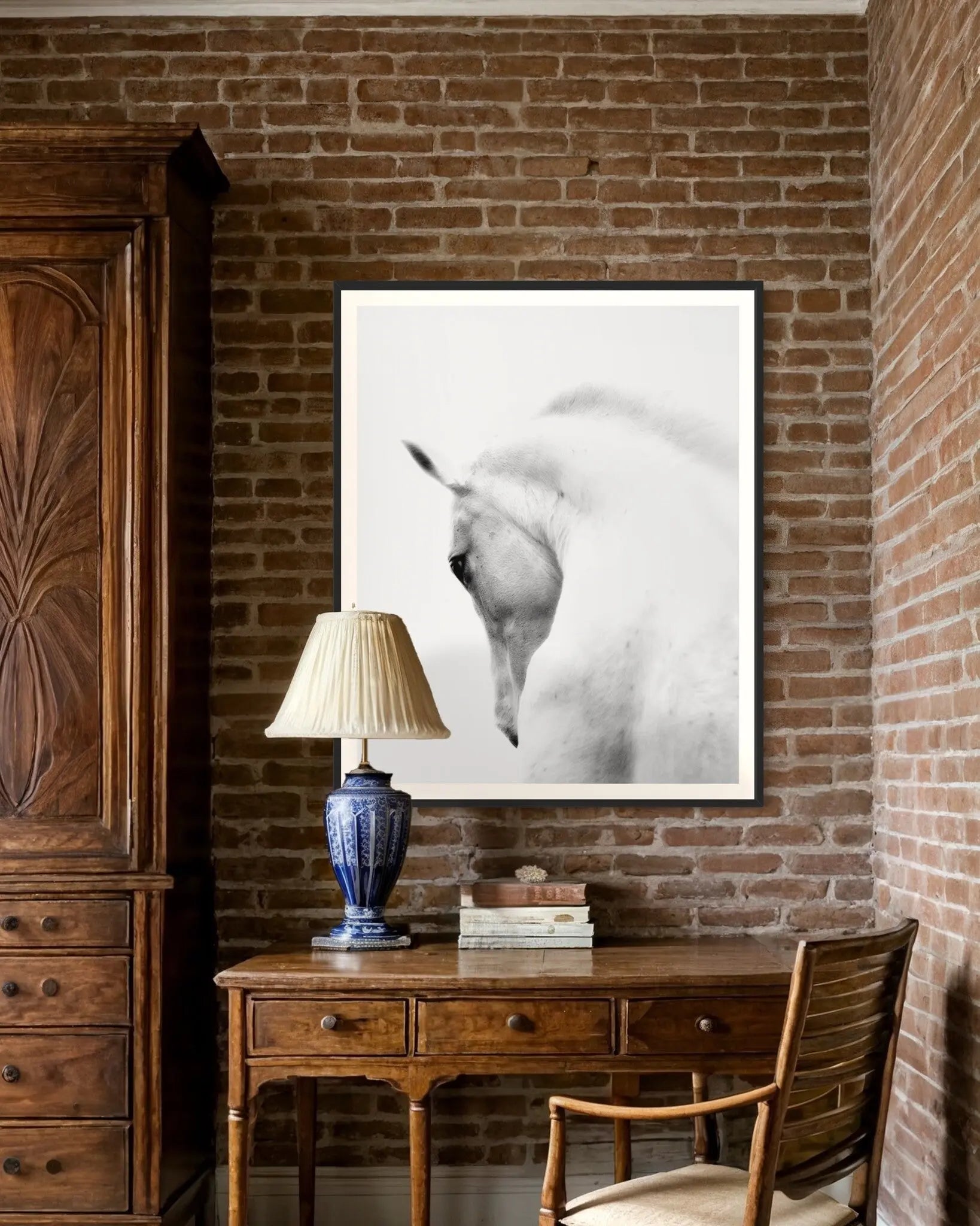 White Stallion Andalusian Horse displayed in a modern living room interior